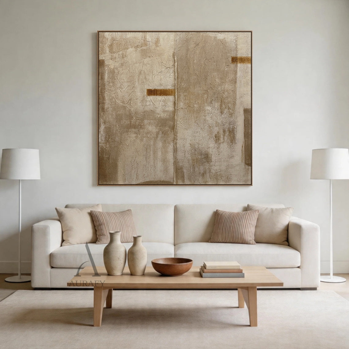 Wabi-sabi beige minimalist abstract hand-painted canvas wall art displayed in a real home living room scene, full canvas covered with rough crinkled cracked impasto texture that resembles dried natural plant fiber or aged weathered plaster, adopts a whole set of neutral warm color palette covering soft beige, taupe and earthy brown, symmetrical composition divided by a faint central vertical split line, two deep burnt umber rectangular decorative accents are arranged on the left middle area and upper right