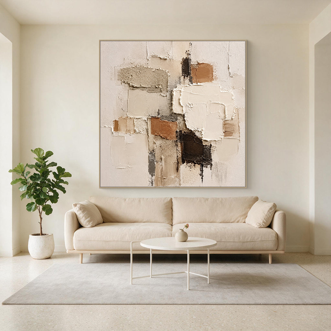Wabi-sabi Japandi minimalist 3D textured abstract painting, handcrafted with thick impasto techniques, features irregular geometric paint blocks in muted earth tones: soft beige, off-white, warm terracotta brown, deep dark brown, and subtle cool gray. The artwork has mixed tactile textures of rough granular gritty patches, smooth raised knife strokes, and natural uneven cracked paint edges, delivering a calm organic aesthetic suitable for neutral home wall decor.