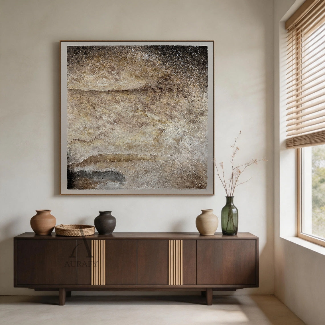 Wabi-Sabi general abstract textured wall art handcrafted with thick impasto technique, features a rough uneven surface mimicking weathered rammed earth, sediment rock and aged plaster. It adopts a muted neutral earthy palette of beige and varied brown tones, with irregular horizontal strata lines echoing natural coastal landforms, tiny mineral-like white flecks scattered across the texture. Its color gradient softens from deep dark brown at the upper edge to light cream beige at the lower section, with a da