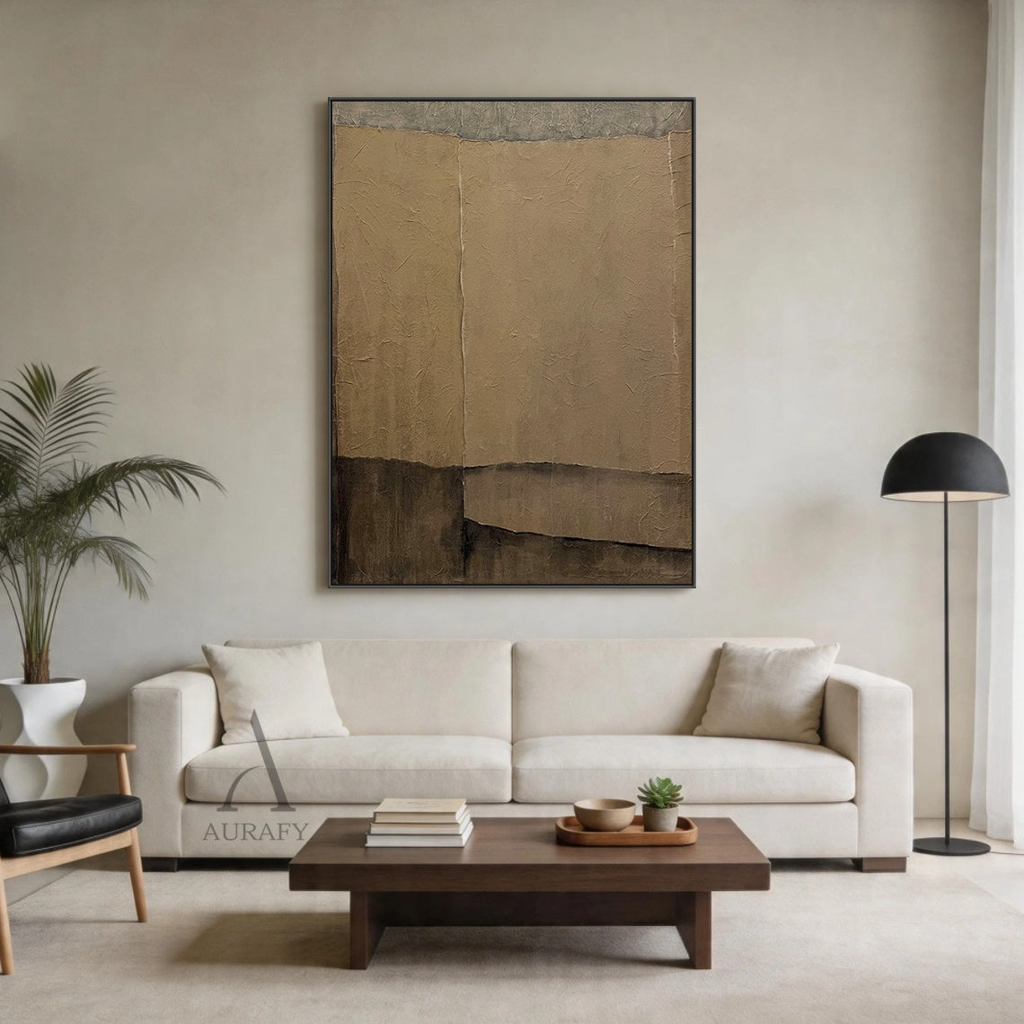 Wabi sabi general abstract textured canvas wall art AURA739, muted earthy palette of warm beige, light taupe and deep brown, asymmetrical irregular blocks with raw uneven edges, full surface crumpled paper-like rough impasto plaster texture, minimalist japandi neutral decorative artwork for modern living room, bedroom, entryway home decor