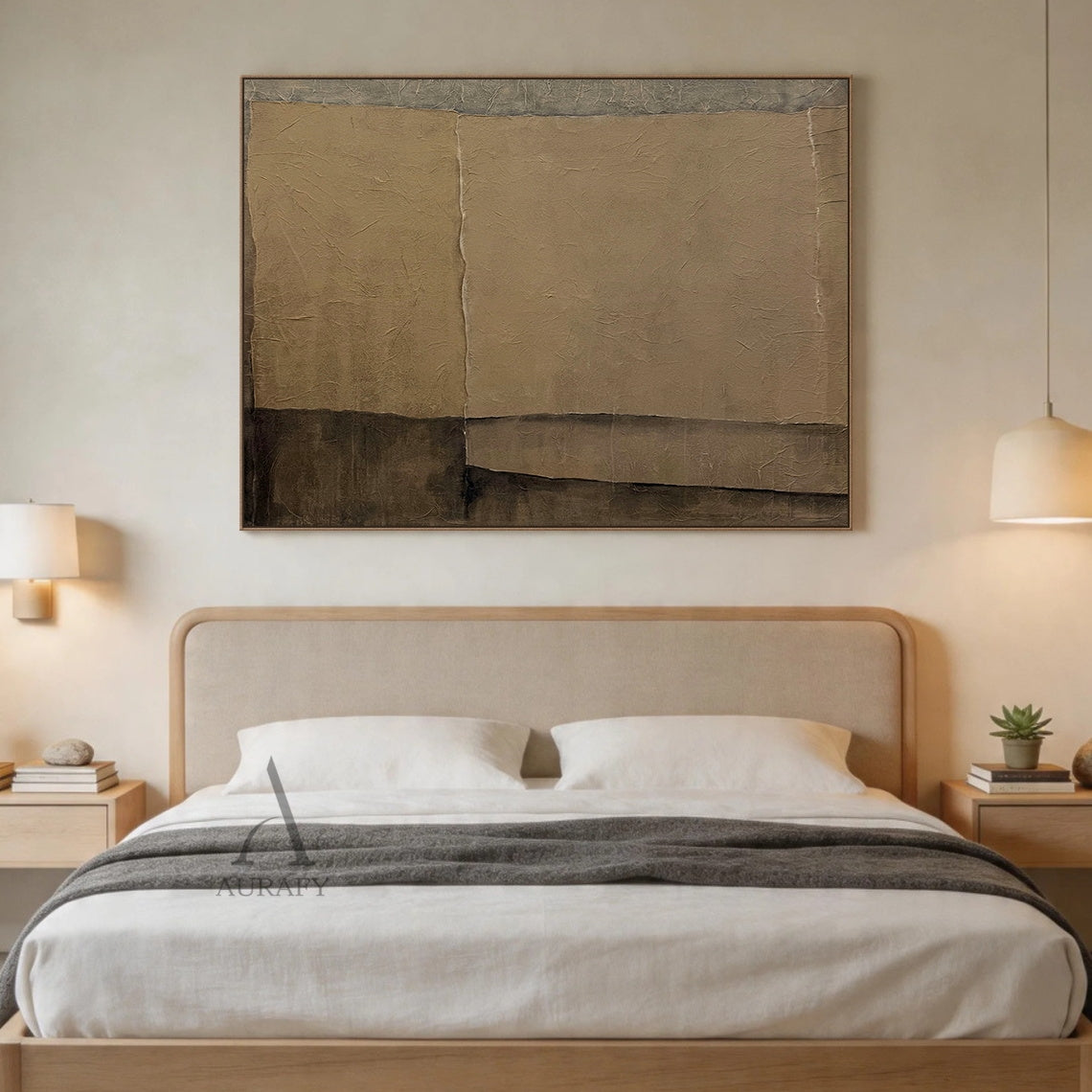 Wabi sabi general abstract textured canvas wall art AURA739, muted earthy palette of warm beige, light taupe and deep brown, asymmetrical irregular blocks with raw uneven edges, full surface crumpled paper-like rough impasto plaster texture, minimalist japandi neutral decorative artwork for modern living room, bedroom, entryway home decor