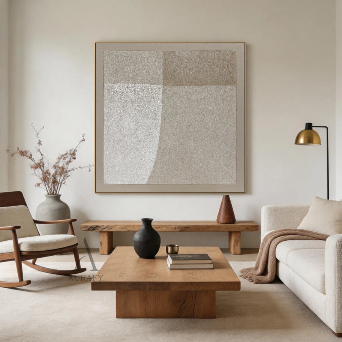Square Wabi-Sabi beige general abstract canvas wall art AURA737, full-coverage rough sandy impasto textured surface with subtle canvas grain, split into 4 soft-transition neutral beige tonal blocks (bright warm off-white, pale sand, light taupe, muted warm beige), bottom left block with soft curved edge, finished with matching narrow beige border, minimalist Japandi luxe neutral home decor artwork for calm interior spaces.