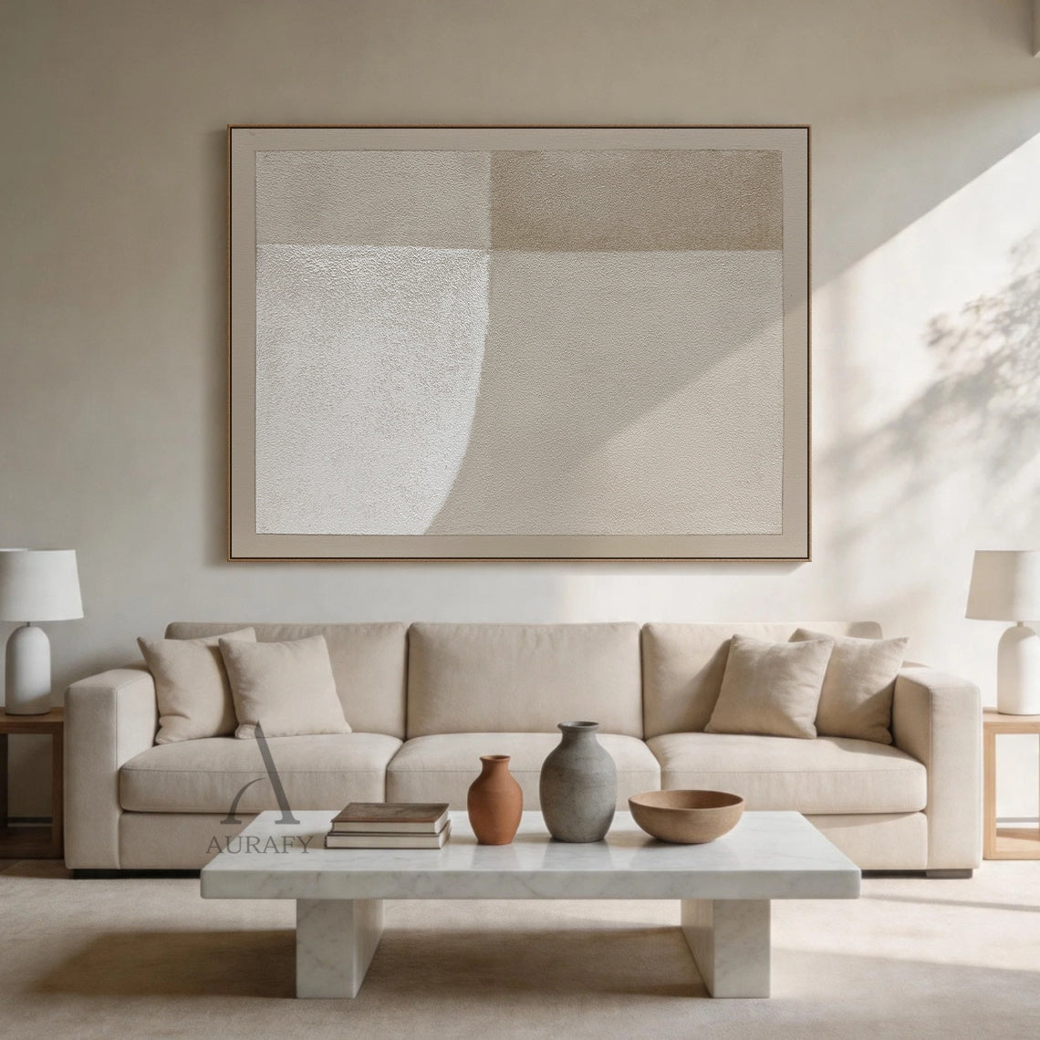 Square Wabi-Sabi beige general abstract canvas wall art AURA737, full-coverage rough sandy impasto textured surface with subtle canvas grain, split into 4 soft-transition neutral beige tonal blocks (bright warm off-white, pale sand, light taupe, muted warm beige), bottom left block with soft curved edge, finished with matching narrow beige border, minimalist Japandi luxe neutral home decor artwork for calm interior spaces.