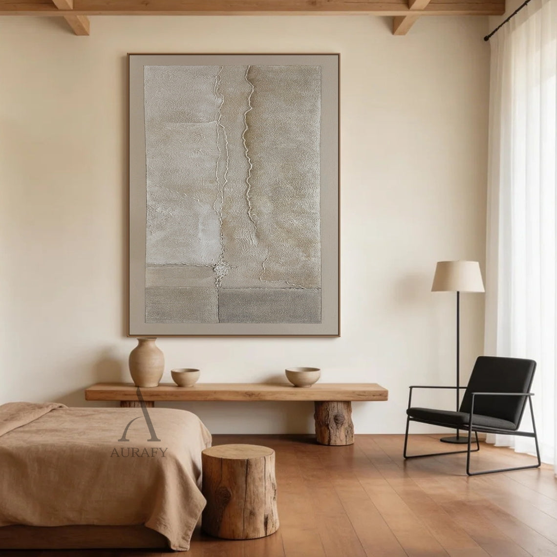 Wabi-Sabi beige plaster textured abstract canvas wall art (AURA735), horizontal landscape orientation. Features a full muted warm earth tone palette of light tan beige, cream off-white, grey beige and soft taupe. Hand-applied 3D impasto surface has two undulating raised horizontal ridges dividing the canvas into 3 sections with varying granular texture, plus vertical straight split blocks and small raised texture accents on the right, mimicking natural tidal traces, weathered rock and shoreline erosion visu