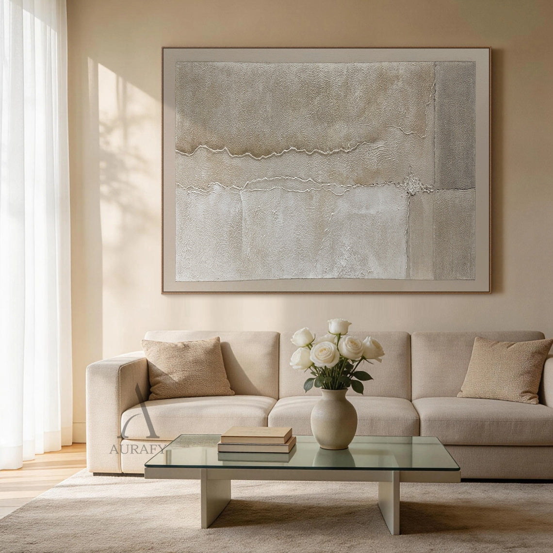 Wabi-Sabi beige plaster textured abstract canvas wall art (AURA735), horizontal landscape orientation. Features a full muted warm earth tone palette of light tan beige, cream off-white, grey beige and soft taupe. Hand-applied 3D impasto surface has two undulating raised horizontal ridges dividing the canvas into 3 sections with varying granular texture, plus vertical straight split blocks and small raised texture accents on the right, mimicking natural tidal traces, weathered rock and shoreline erosion visu