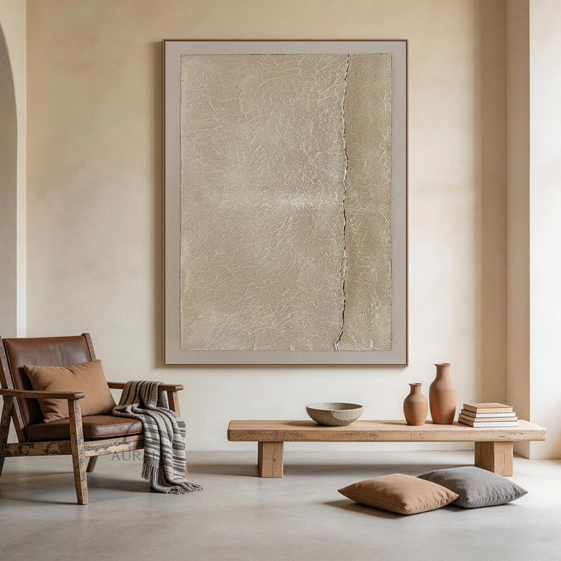 Wabi-Sabi Beige Handmade Textured Abstract Canvas Wall Art AURA734. Horizontal general abstract artwork with warm beige grainy impasto central panel, natural fine crackle textures across the surface, a thin irregular dark horizontal crack splitting the panel, bordered by soft pale off-white smooth frame. Neutral tactile Japandi minimalist wall decor for calm curated residential spaces.