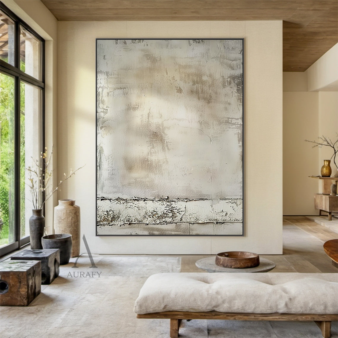 Wabi Sabi beige minimalist abstract wall art (Product ID: AURA808), presented in a real interior placement scene. It adopts a muted neutral earthy color palette covering light off-white, pale gray to soft warm brown, the main surface mimics the texture of aged plaster/cement wall, with subtle brush traces, shallow scratches and mottled worn marks full of vintage sense. A horizontal distressed peeling textured band with rugged uneven surface is set at the bottom, perfectly fits Japandi, minimalist, industria