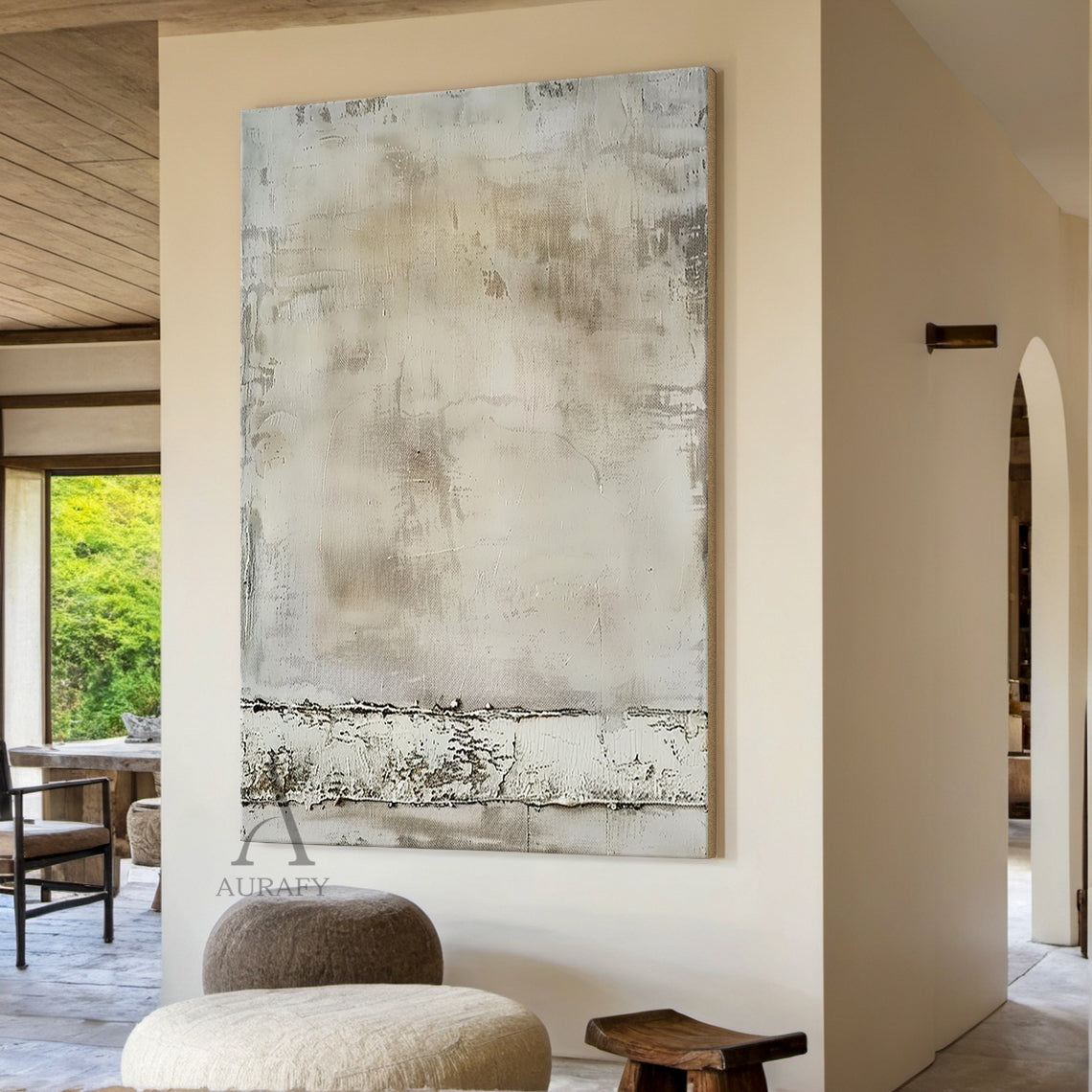Wabi Sabi beige minimalist abstract wall art, with muted neutral earthy color palette covering light off-white, pale gray to soft warm brown. The main surface mimics the texture of aged plaster/cement wall, with subtle brush traces, scratches and mottled worn marks full of vintage sense. A horizontal distressed peeling textured band with rugged uneven surface is set at the bottom, fits Japandi, minimalist, industrial neutral interior decoration, product ID AURA808.