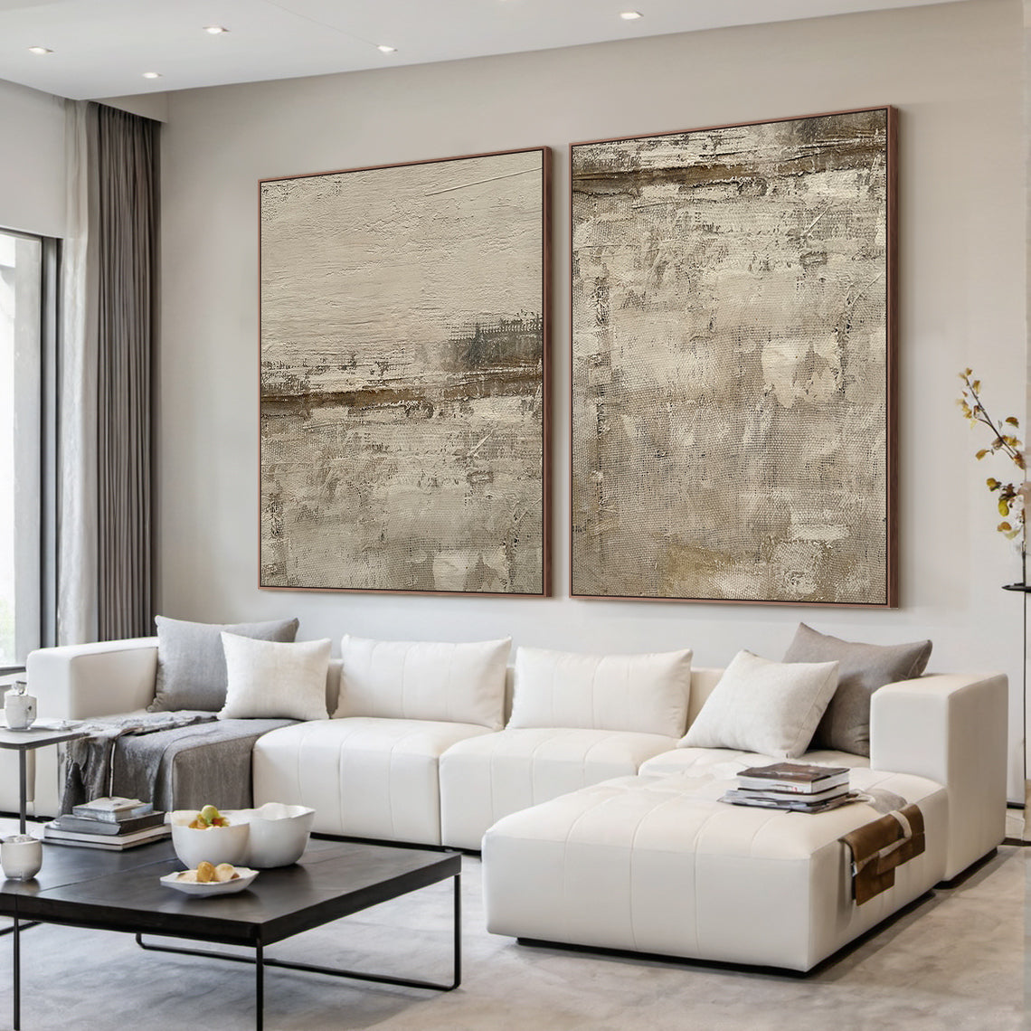 AURA227 Wabi Sabi Brown Abstract Wall Art Two-Piece Set—textured canvas with warm earthy tones (soft beige, rich brown, subtle gray) embodying organic imperfection. Displayed in a cozy Scandinavian-style bedroom with light oak furniture, cream linen bedding, woven jute rug, and a minimalist table lamp. Ideal for Scandinavian bedroom decor or bohemian interior decor, adding natural warmth and understated elegance to serene spaces. This two-piece abstract art set enhances bedroom tranquility with layered tact