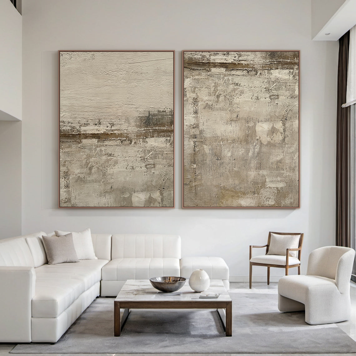 AURA227 Wabi Sabi Brown Abstract Wall Art Two-Piece Set—textured canvas with warm earthy tones (soft beige, rich brown, subtle gray) embodying organic imperfection. Displayed in a vibrant bohemian-style living room with rattan armchairs, macramé wall hangings, terracotta planters, and a plush mustard throw. Ideal for bohemian interior decor or eclectic living spaces, infusing natural warmth and understated elegance into lively yet serene environments. This two-piece abstract art set elevates the room's cozy