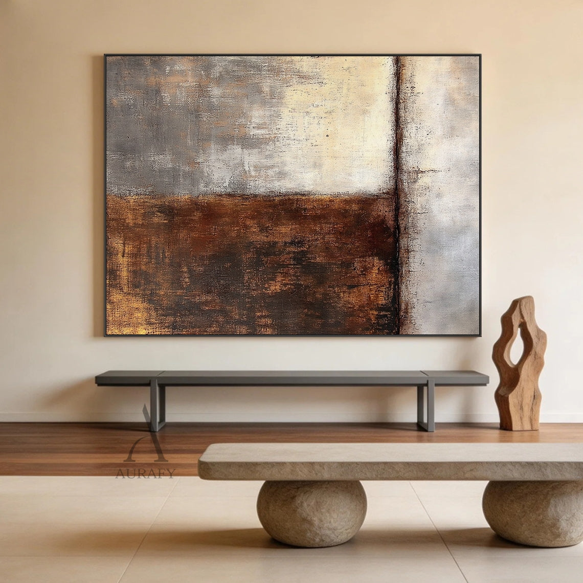 Abstract Wabi-sabi wall art with split composition: left side features warm brown and gold textured brushstrokes, right side soft beige and gray tones, matte finish, handcrafted uneven edges, and horizontal line accent. Ideal for Japandi living room gallery walls, minimalist bedroom decor, bohemian entryway consoles, or neutral-toned home office spaces.