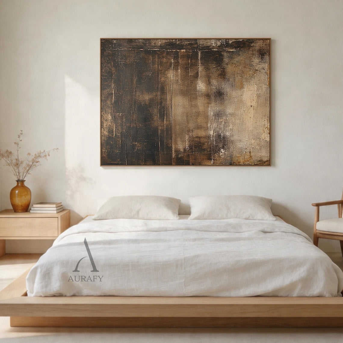 Unique Brown Wabi-Sabi Decor Art (AURA404) - Earthy brown palette (deep espresso, warm sandstone, neutral tones) with tactile 3D layers, rough textured strokes overlapping smooth muted areas, subtle cracks, and raw canvas peeks. Ideal for sunlit home office corner focal points, bohemian entryway accent walls, or rustic dining area decor. Serene, soulful Wabi-sabi piece celebrating imperfection and transience.