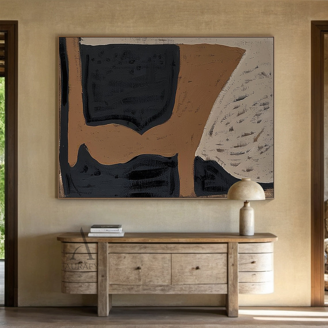 Wabi-Sabi Japandi abstract textured wall art (AURA792). Hand-painted general abstract artwork features irregular organic block shapes, muted earthy color palette of warm deep brown, matte inky black and soft weathered off-white, with visible thick impasto brush strokes, grainy textured finish that delivers rustic handcrafted feel. This neutral minimalist abstract art fits modern organic, quiet luxury, mid-century modern and other neutral earthy tone interior decor scenarios.