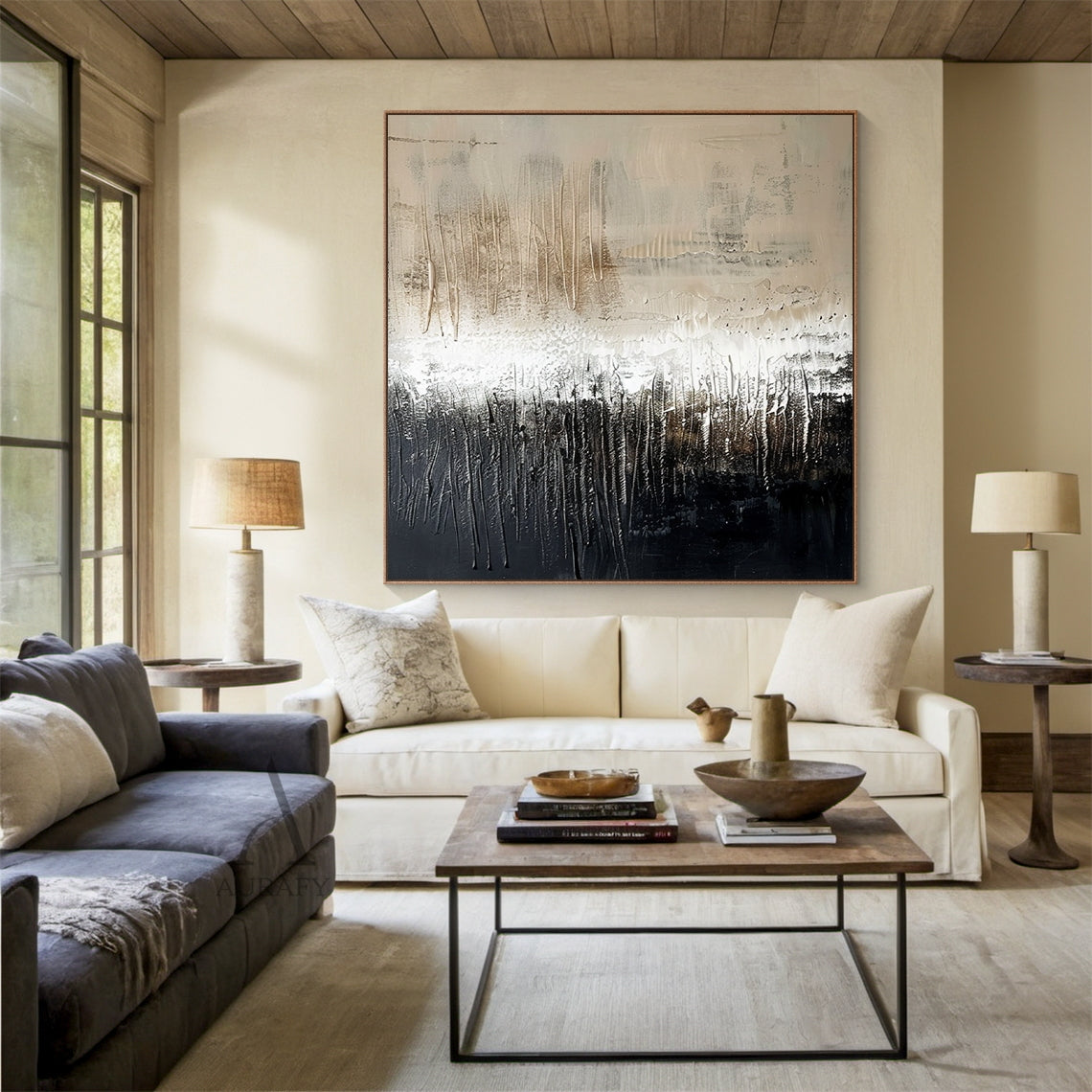 Wabi Sabi Japandi knife textured abstract beige black minimalist canvas wall art. Upper part shows gradient warm beige to creamy off-white with vertical raised impasto paint drips, scratchy matte textures and undulating horizontal thick paint layers. Lower section transitions from deep charcoal to solid pure black, with vertical glossy scraping lines and natural black paint drip traces at bottom, subtle faint brown undertones in dark area enrich layers, thick impasto tactile finish fits minimalist, japandi