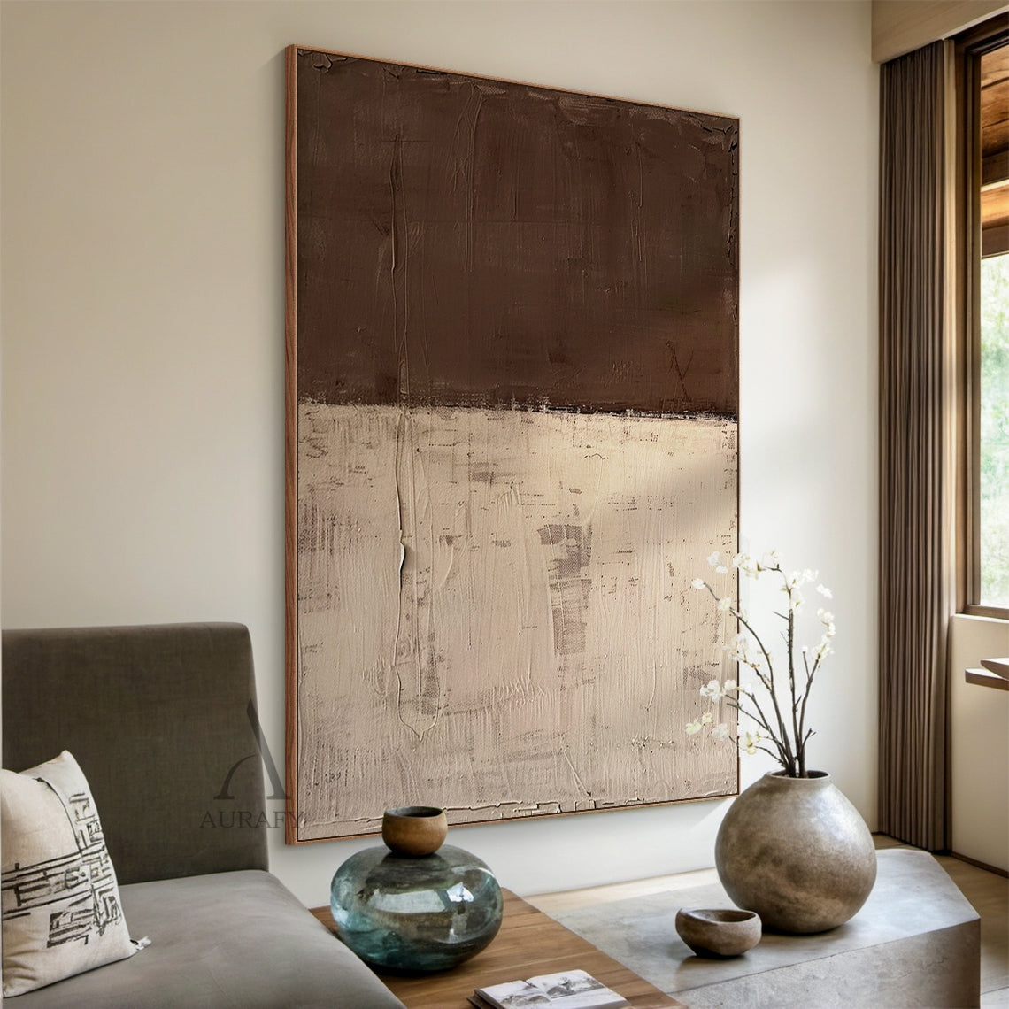 Hand-painted wabi-sabi abstract canvas painting, horizontal two-tone earth tone color blocking wall decor displayed in a warm cozy linen-decorated Japandi bedroom scene: upper area is low-saturation deep brown with clear vertical knife-scraped textured traces, lower area is soft muted beige with worn mottled impasto texture, natural paint drip detail presented on the right side, rough raw uneven edge between two color blocks, minimalist abstract artwork suitable for Japandi, neutral minimalist, wabi-sabi st