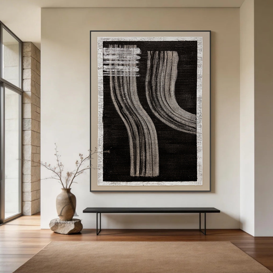 Wabi-Sabi black gray abstract textured wall art displayed in neutral Japandi home scene, handcrafted on rough woven canvas with raw off-white frayed border. Boasts deep black backdrop, horizontal gray brush stroke blocks at upper left, two groups of soft flowing curved gray draping linear strokes with natural hand-painted texture, minimalist monochrome Japandi artwork ideal for living room, bedroom and entryway neutral interior decor.