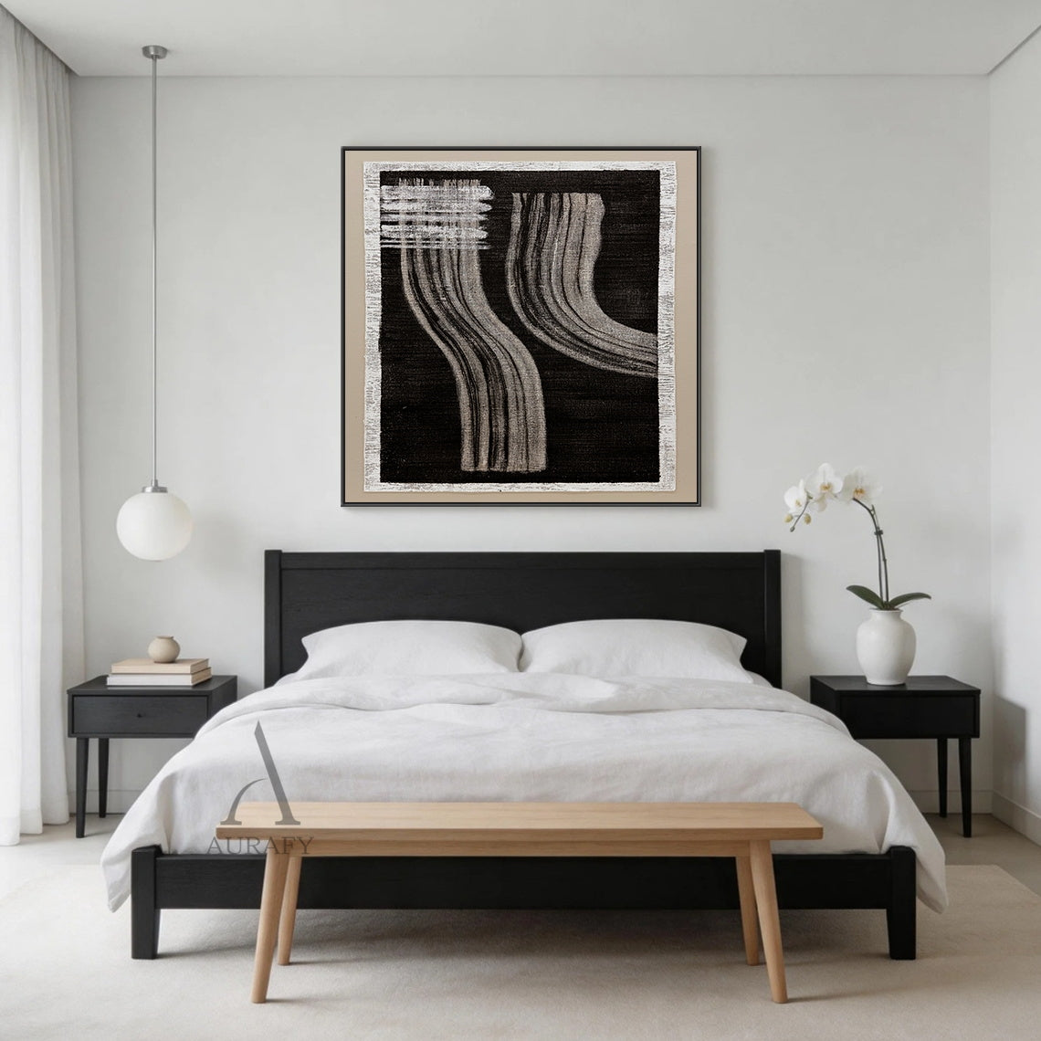 Wabi-Sabi black gray abstract textured wall art displayed in neutral Japandi home scene, handcrafted on rough woven canvas with raw off-white frayed border. Boasts deep black backdrop, horizontal gray brush stroke blocks at upper left, two groups of soft flowing curved gray draping linear strokes with natural hand-painted texture, minimalist monochrome Japandi artwork ideal for living room, bedroom and entryway neutral interior decor.