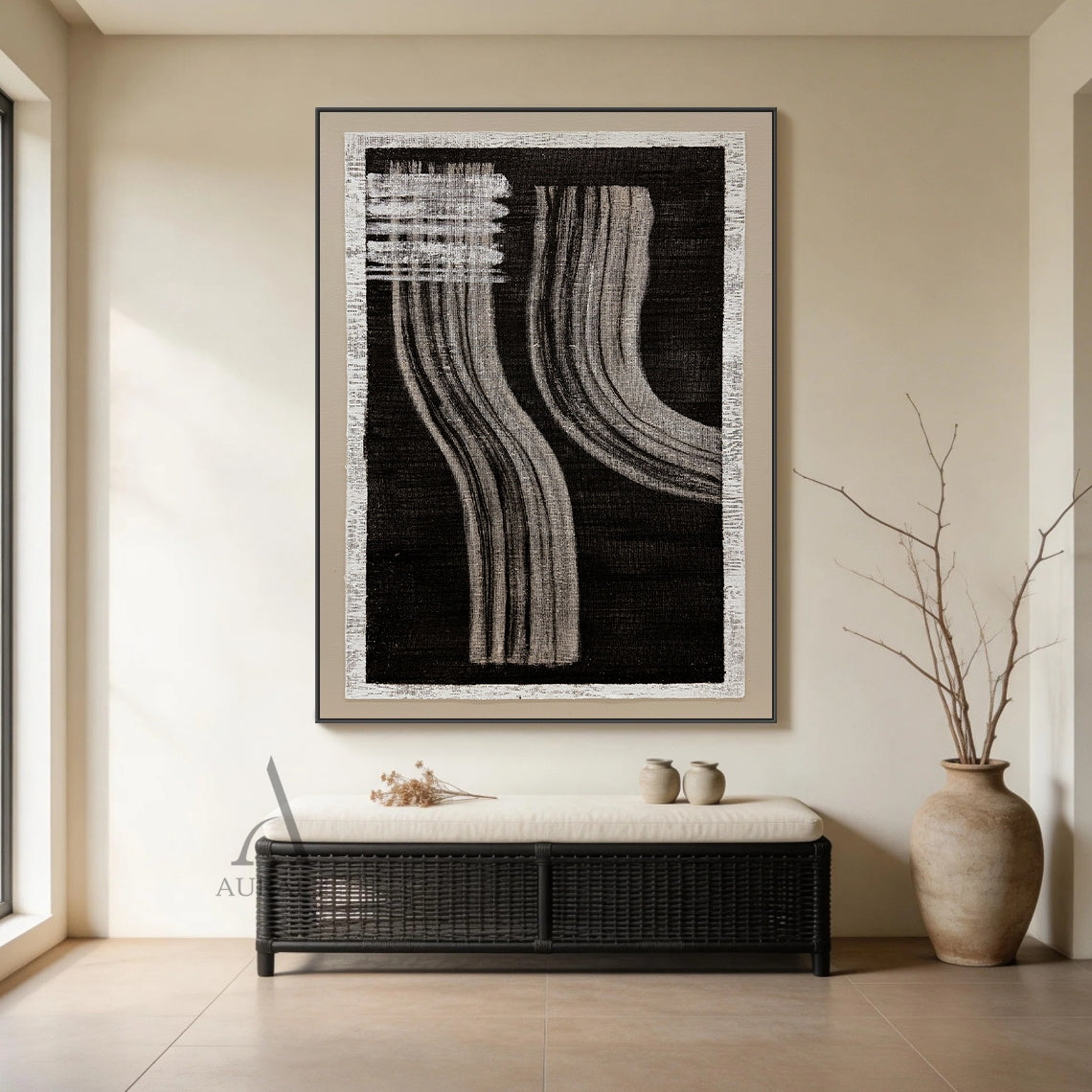 Wabi-Sabi black gray abstract textured wall art, handcrafted on rough woven canvas with raw off-white frayed border. Features deep black backdrop, horizontal gray brush stroke blocks at upper left, two groups of soft flowing curved gray draping linear strokes with natural hand-painted texture, minimalist Japandi monochrome artwork for neutral home interior decor.