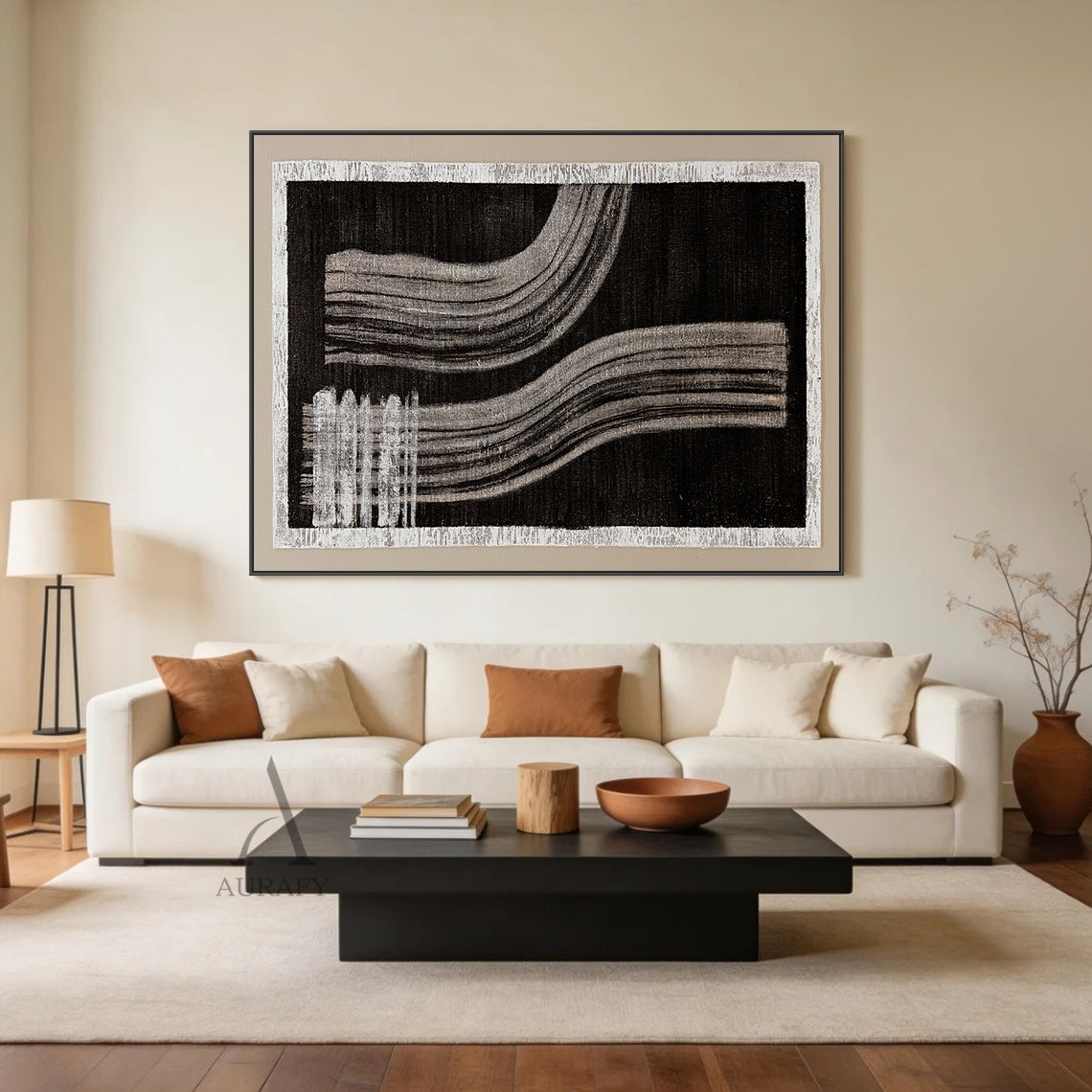 Wabi-Sabi black gray abstract textured wall art, handcrafted on rough woven canvas with raw off-white frayed border. Features deep black backdrop, horizontal gray brush stroke blocks at upper left, two groups of soft flowing curved gray draping linear strokes with natural hand-painted texture, minimalist Japandi monochrome artwork for neutral home interior decor.