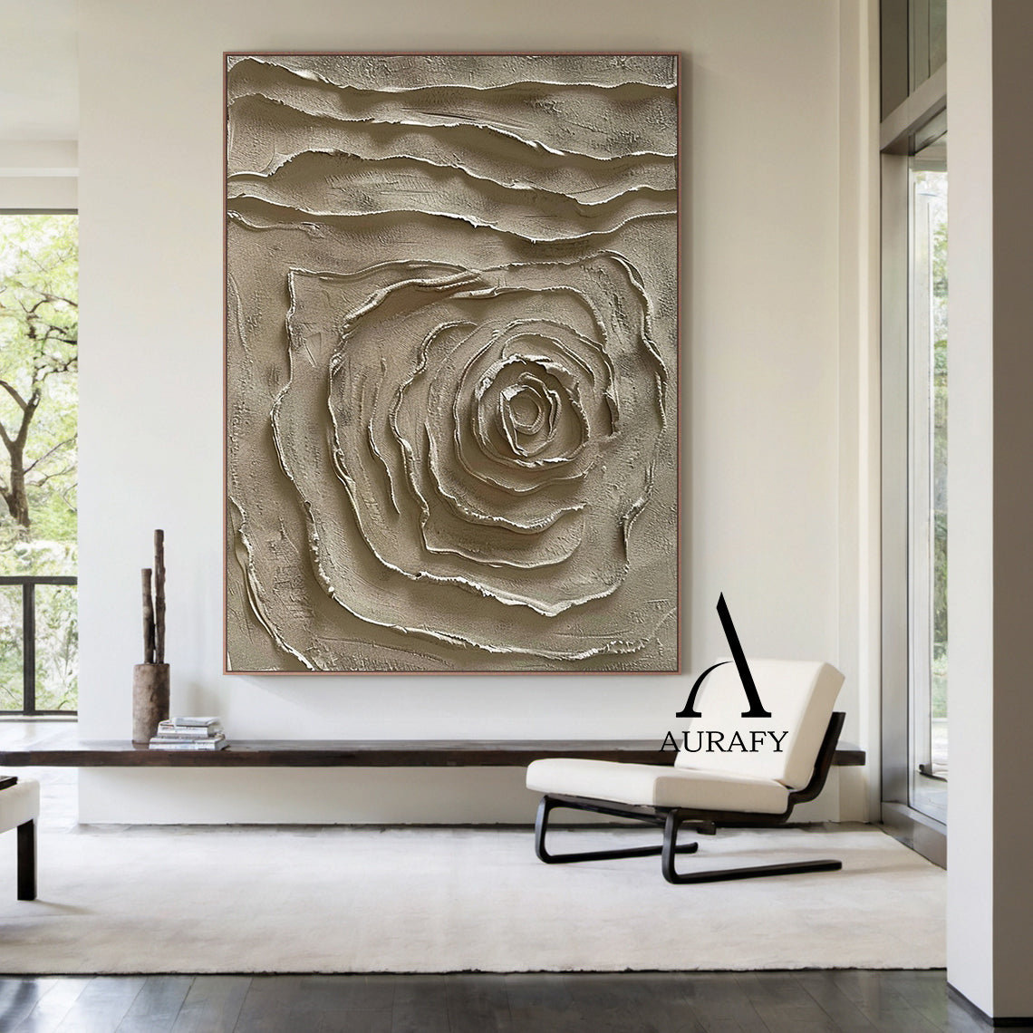 Handcrafted 3D textured plaster painting in muted warm brown earth tone, features raised impasto spiral abstract rose motif at lower half and horizontal wavy layered textured bands on upper section, matte tactile high-relief wabi-sabi japandi minimalist wall art, AURA538 by Aurafy