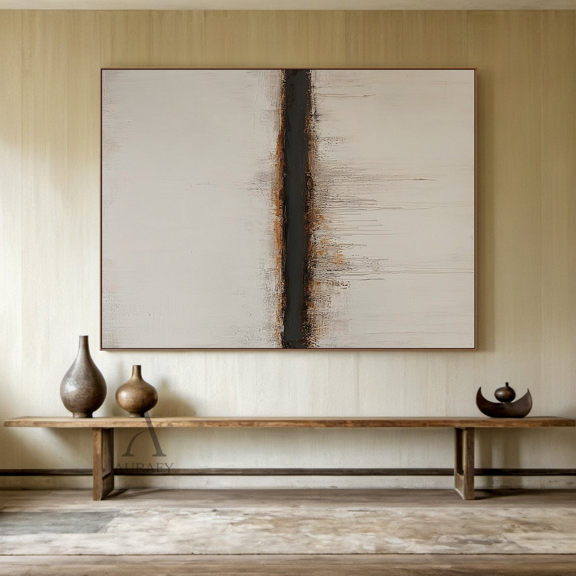 Wabi-sabi plaster textured abstract yellow brown minimalist landscape knife painted canvas wall art AURA802. It comes with horizontal banded composition: upper warm yellow to ochre gradient abstract sky with subtle brush and scratch texture, thin dark brown horizon line, middle pale off-white textured section mimicking calm reflective water, bottom thick impasto earthy brown, ochre, terracotta textured near shore section with cracked details. Ideal for Japandi, minimalist, organic contemporary home decor.