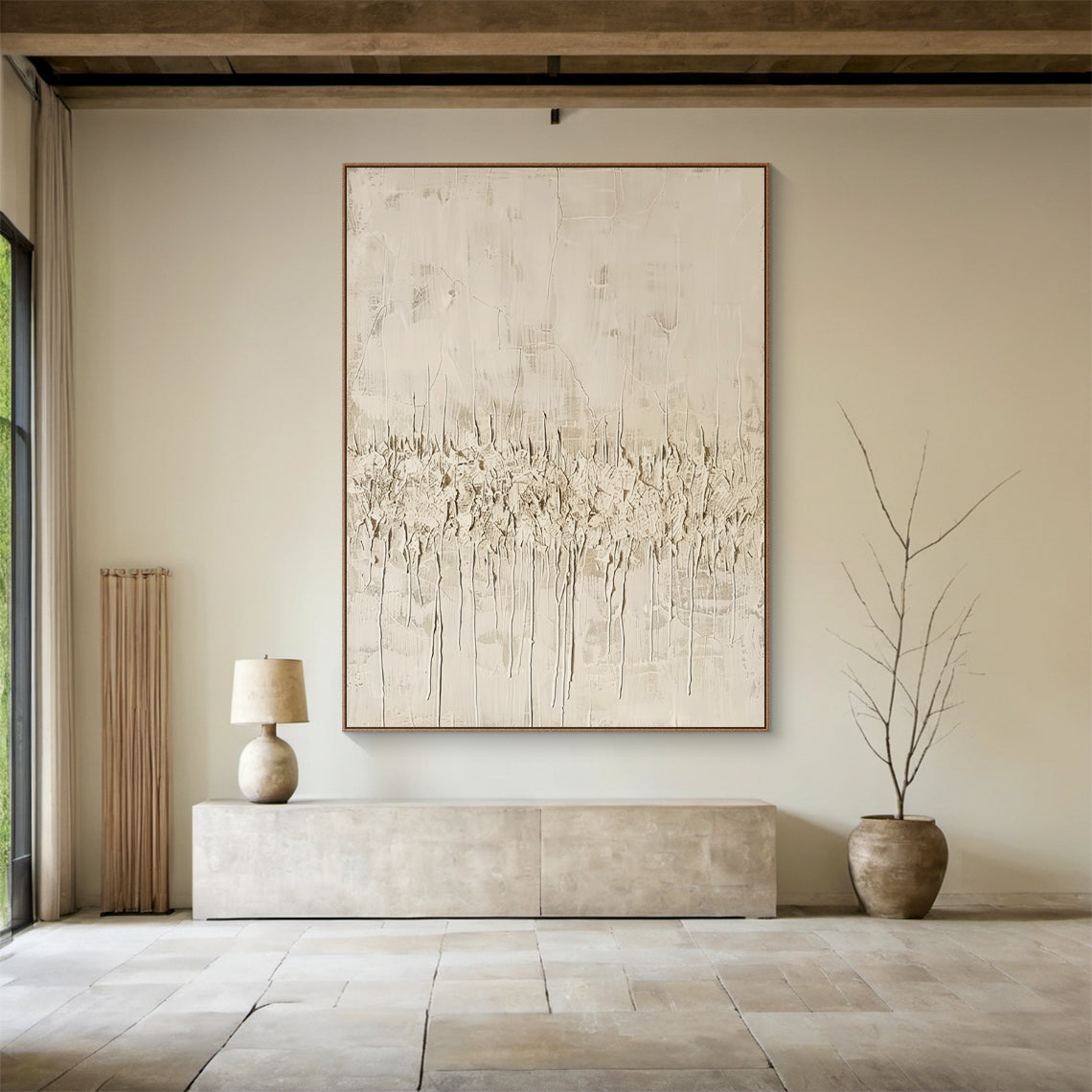 Vertical Wabi Sabi Abstract Art (AURA205) with 3D tactile plaster texture—thick impasto strokes, natural drips, and rough organic texture in neutral beige, off-white, and light brown tones. Displayed in a serene Scandinavian living room with a light wood coffee table, soft knit throw, potted fiddle leaf fig, and neutral-toned linen sofa, embodying the calm, understated Wabi Sabi aesthetics.