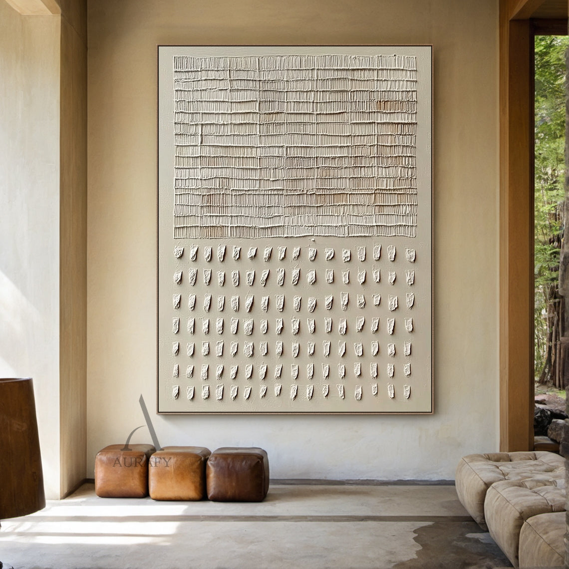 Two piece Japandi wabi sabi abstract neutral wall art set (AURA806) hung as a matching pair in a stylish real living room interior scene display. Left panel features warm beige cracked plaster-textured upper portion with irregular matte black hand-painted block at bottom. Right panel uses the mirrored layout: thick brushstroke matte black block on top, warm beige cracked plaster base with distinct horizontal fracture line below. Muted beige and black color palette with textured aged aesthetic, ideal for mat