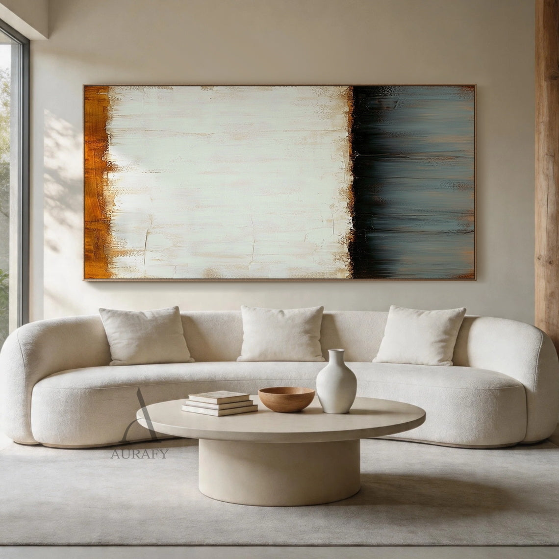 Wabi-sabi Minimalist Abstract Wall Art (AURA406) | Layered Tactile Textures Inspired by Ceramic Vase Design | Warm Terracotta Brown Top Edge (Rough Uneven Application), Soft Beige/Off-White Middle (Subtle Brushstrokes & Smudges), Charcoal Band, Gray-Blue Lower Section (Vertical Glaze-Like Drips) | Ideal for Japandi Living Room, Minimalist Bedroom, or Console Table Focal Point | Neutral Palette (Beige, Gray, Terracotta) Complementing Natural Wood & Linen Textiles