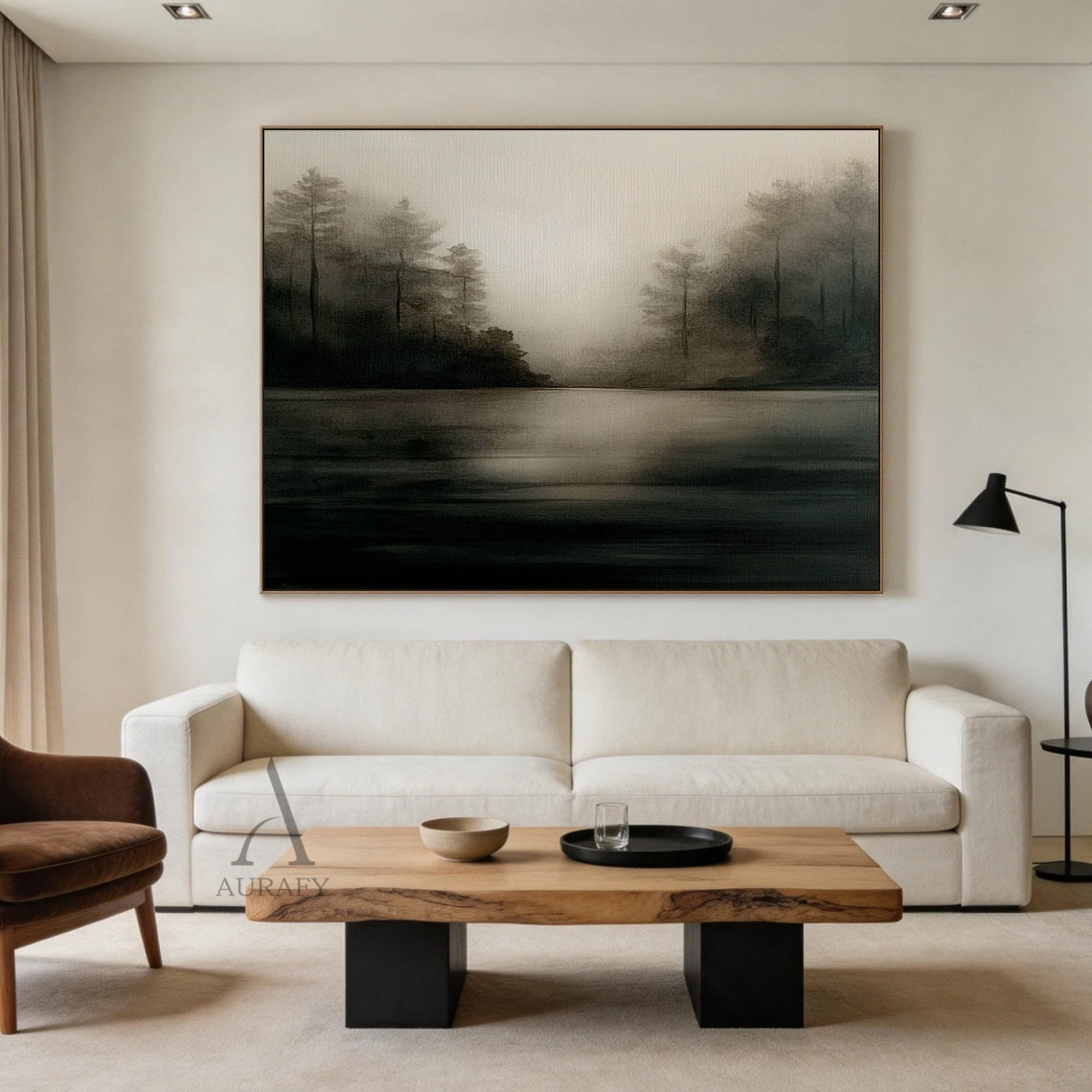Misty landscape wall art with 3D layered strokes—tall trees frame calm water in muted black, beige, soft gray tones. Wabi-sabi minimalist modern style, ideal for Japandi entryway, minimalist floating shelf, or peaceful home office decor. Tactile texture adds depth to serene spaces. AURA411