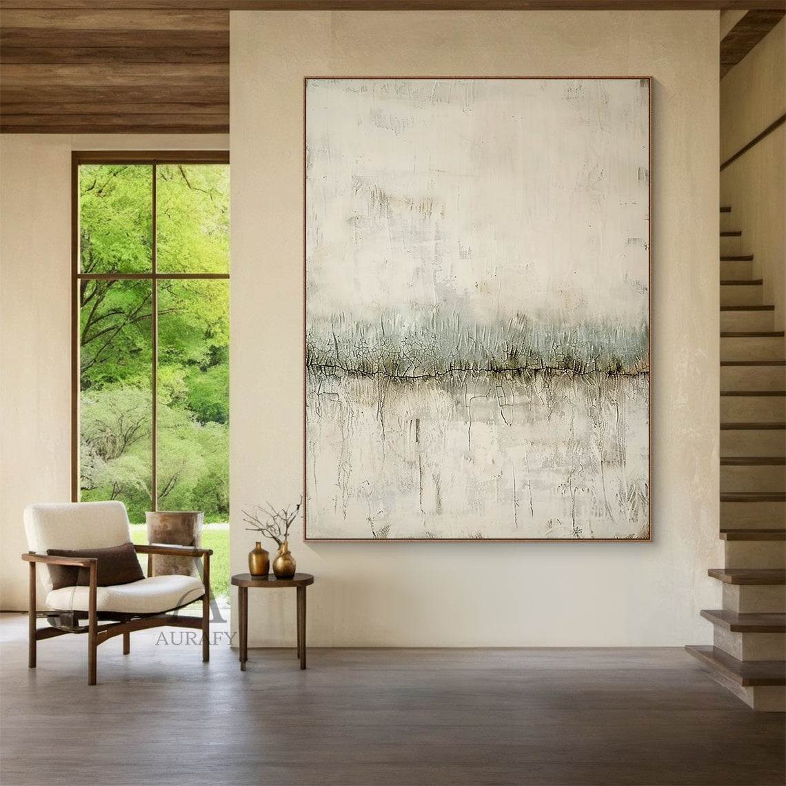 Wabi sabi minimalist abstract textured canvas art AURA801. Close-up detail display shot of the artwork hung on a rough lime-washed off-white accent wall in a compact wabi-sabi dining nook, its core design features including layered muted beige base with aged faded vertical scrape textures, subtle mottled vintage effects, mid-position soft low-saturation sage green horizontal band with distinct dark cracked line along the lower edge and fine craquelure details are clearly presented against the surrounding ra