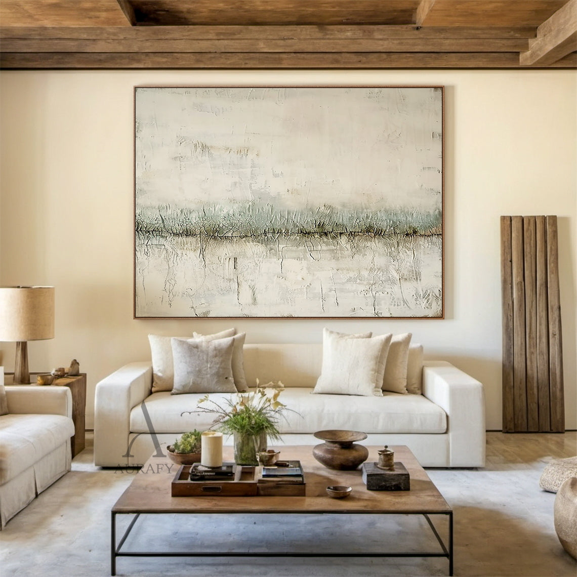 Wabi sabi minimalist abstract textured canvas art AURA801. Layered muted beige base with aged, faded vertical scrape textures and subtle mottled vintage effects cover most of the frame. A soft low-saturation sage green horizontal band sits at the midpoint, with a distinct dark cracked line running through its lower edge, paired with fine craquelure patterns and faint organic linear details. Neutral tactile wall art for Japandi and quiet luxury home decor.