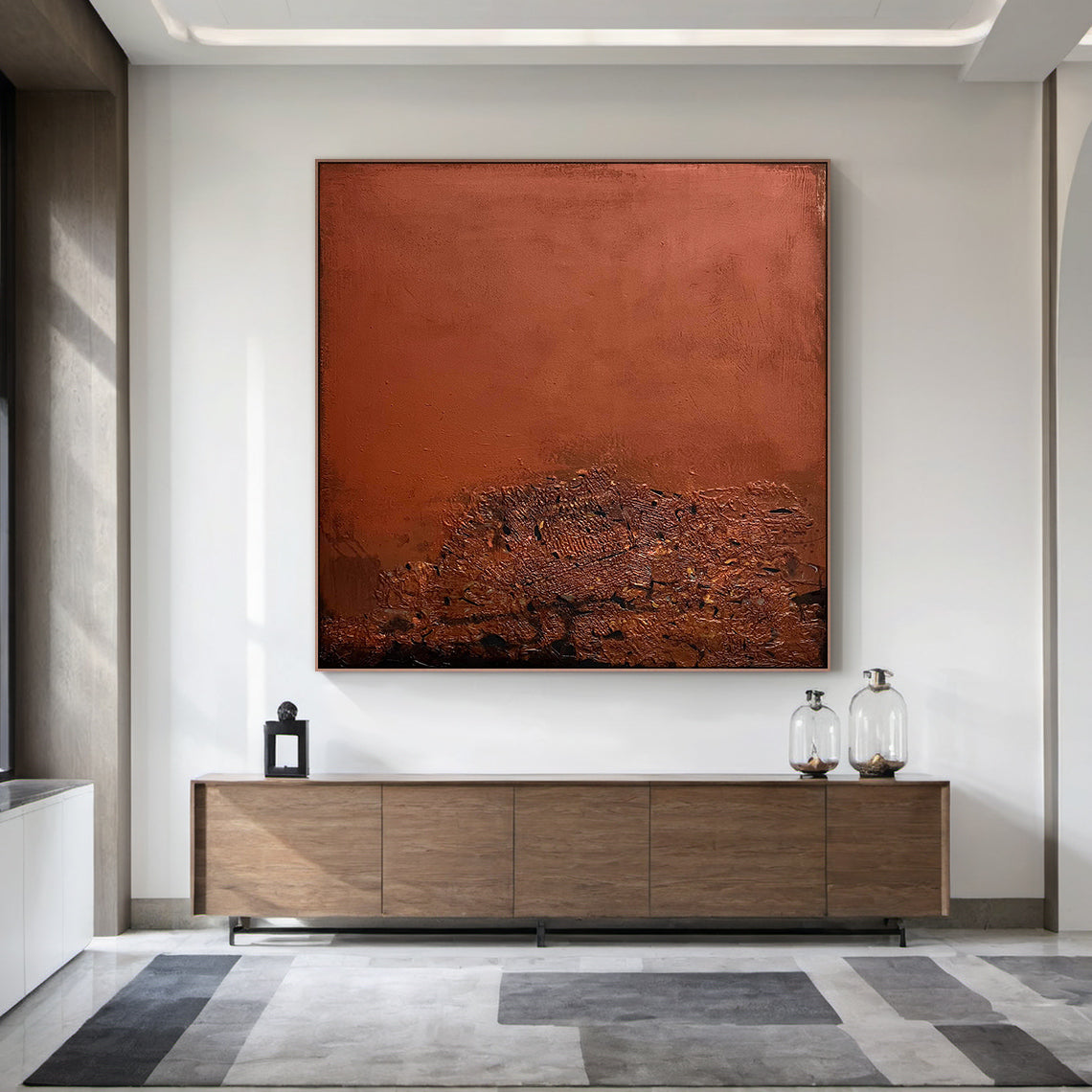 AURA222 Wabi Sabi Red Textured Abstract Wall Art: Large vertical handcrafted canvas with layered impasto textures and organic imperfections, displayed in a serene contemporary bedroom above a low-profile platform bed. Rich warm red tones and tactile details complement soft linen bedding, muted blush pillows, and a natural wood nightstand, embodying Wabi Sabi charm with subtle depth variations. This abstract art serves as a focal statement piece, elevating the tranquil bedroom space with its organic allure.