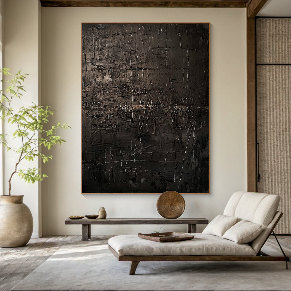 Wabi Sabi Tactile Impasto Artwork AURA198 - Dark Brown & Black Mottled Texture with Scratch Marks. Thick, rustic impasto surface with irregular lines and weathered patterns, embodying Wabi Sabi’s imperfection and timeless serenity. Displayed in a minimalist living room, complementing wooden furniture, ceramic decor, and natural elements to enhance a tranquil, nature-inspired interior ambiance.