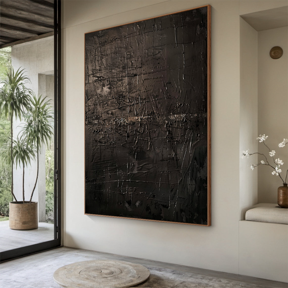 Wabi Sabi Tactile Impasto Artwork AURA198 - Dark Brown & Black Mottled Texture with Scratch Marks. Thick, rustic impasto surface featuring irregular lines and weathered patterns, embodying Wabi Sabi’s imperfection and timeless serenity. Displayed in a cozy bohemian living room, complementing a vintage velvet sofa, handwoven jute rug, terracotta planter with snake plant, and soft floor lamp to enhance a warm, earthy living space atmosphere.