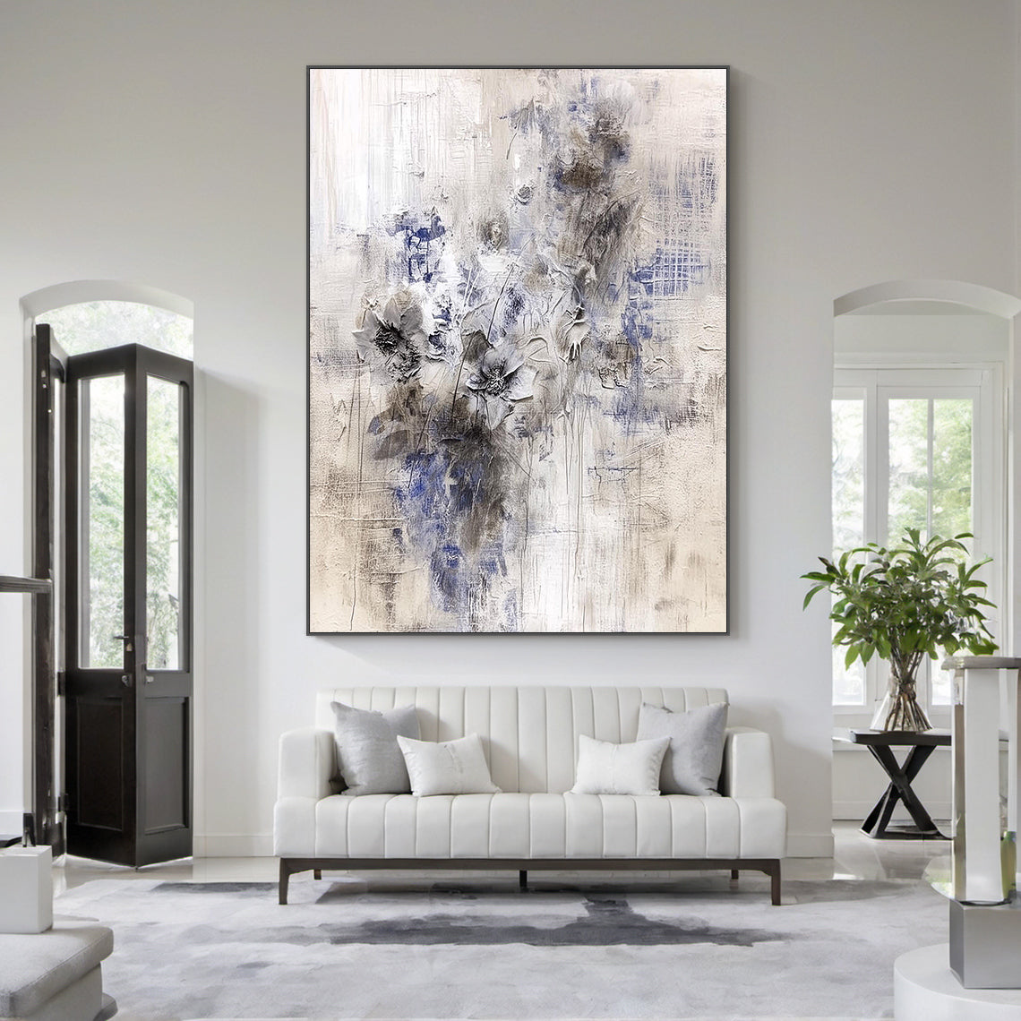 AURA221 Wabi Sabi Beige Blue Gray Abstract Textured Wall Art with 3D Raised Brushstrokes - Cozy Bedroom Accent Piece Hanging Above Soft Linen Bedding in Warm Neutral Decor Space with Wooden Bed Frame, Bedside Lamp, and Potted Succulent, Perfect for Serene Minimalist Bohemian Bedrooms