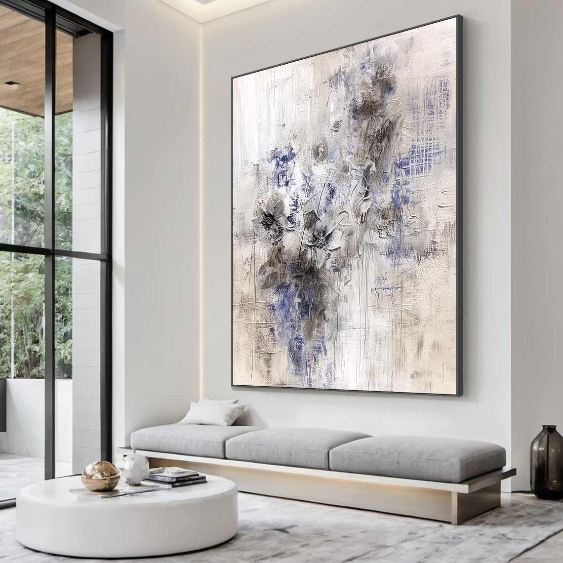 AURA221 Wabi Sabi Beige Blue Gray Abstract Textured Wall Art with 3D Raised Brushstrokes - Stylish Living Room Focal Point Hanging Above Beige Linen Sofa, Wooden Coffee Table, Potted Fiddle Leaf Fig, and Warm Floor Lamp, Perfect for Calm Minimalist Bohemian Living Spaces