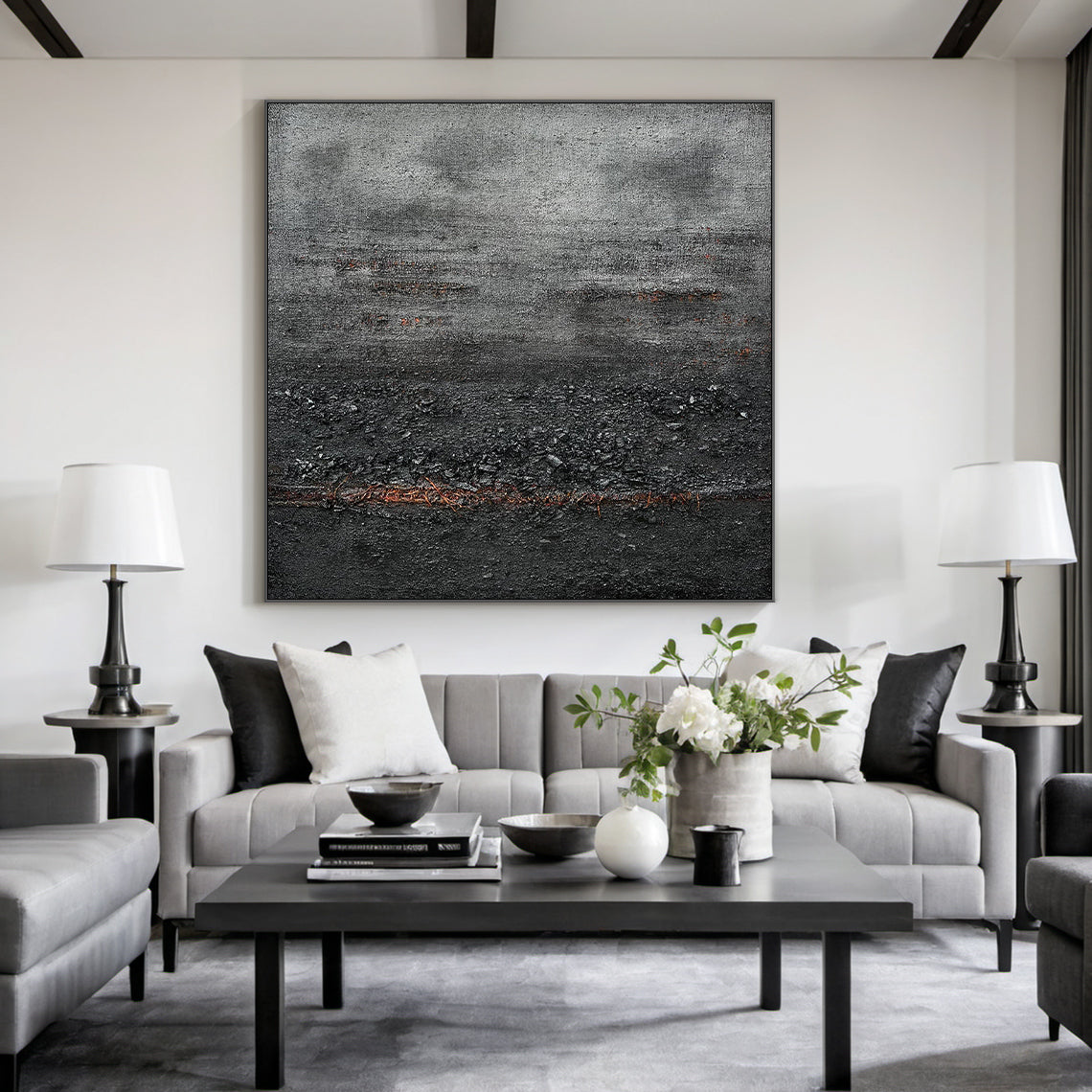 Wabi Sabi Abstract Impasto Canvas Art - Thick Tactile Charcoal Gray & Black Base with Soft Warm Terracotta Undertones. Displayed in a Serene Wabi-Sabi Bedroom Above a Natural Wood Bed Frame, Complementing Linen Bedding, Woven Pendant Light, and Minimalist Wooden Nightstand. Ideal for Calm Organic Bedrooms Seeking Timeless, Textured Wall Accents That Enhance Cozy, Earthy Ambiance.