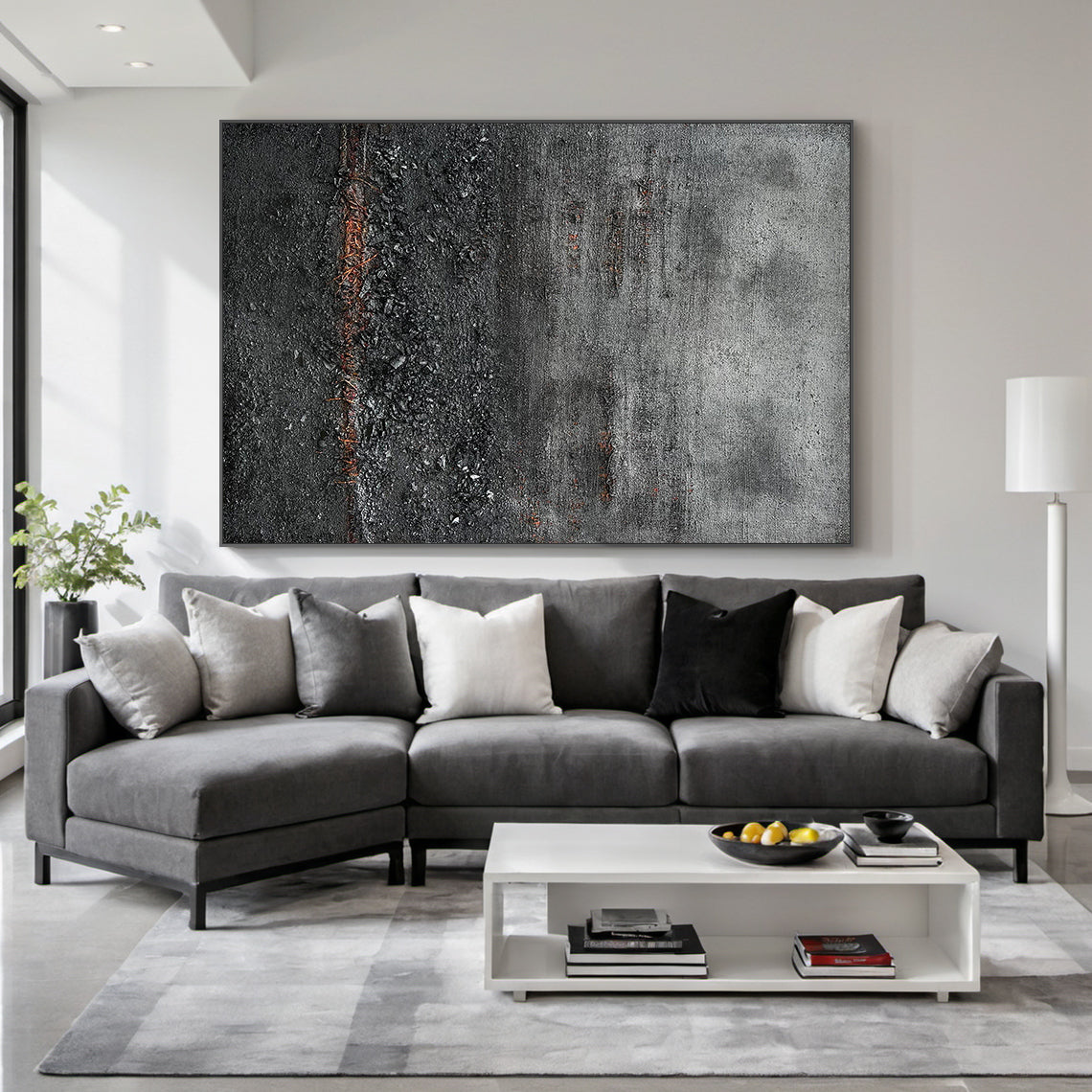 Wabi Sabi Abstract Impasto Canvas Art - Thick Tactile Charcoal Gray & Black Base with Soft Warm Terracotta Undertones. Displayed in a Serene Wabi-Sabi Bedroom Above a Natural Wood Bed Frame, Complementing Linen Bedding, Woven Pendant Light, and Minimalist Wooden Nightstand. Ideal for Calm Organic Bedrooms Seeking Timeless, Textured Wall Accents That Enhance Cozy, Earthy Ambiance.