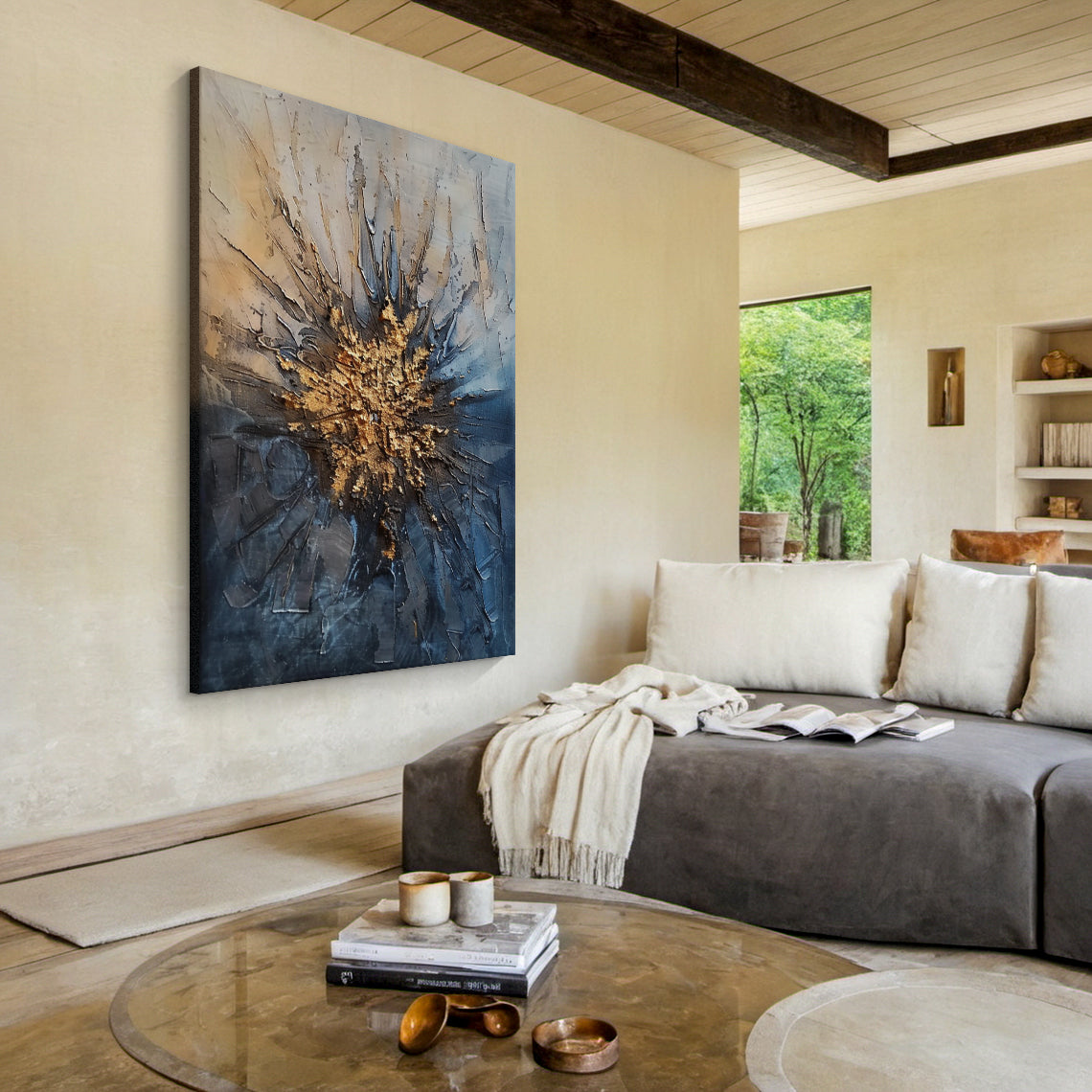 Wabi Sabi Abstract Art AURA193 - Thick Impasto Tactile Wall Art with Blue Gray Gradient & Central Gold Texture. Handmade with scratch and flow marks, rough organic surface, natural growth composition. Ideal for displaying in a sunlit minimalist bedroom, wooden entryway nook, or wabi sabi-inspired home office. Soft pink undertones balance cool and warm, delivering a rustic, time-worn, and serene vibe. Perfect for infusing organic warmth into contemporary minimalist spaces bathed in natural light.