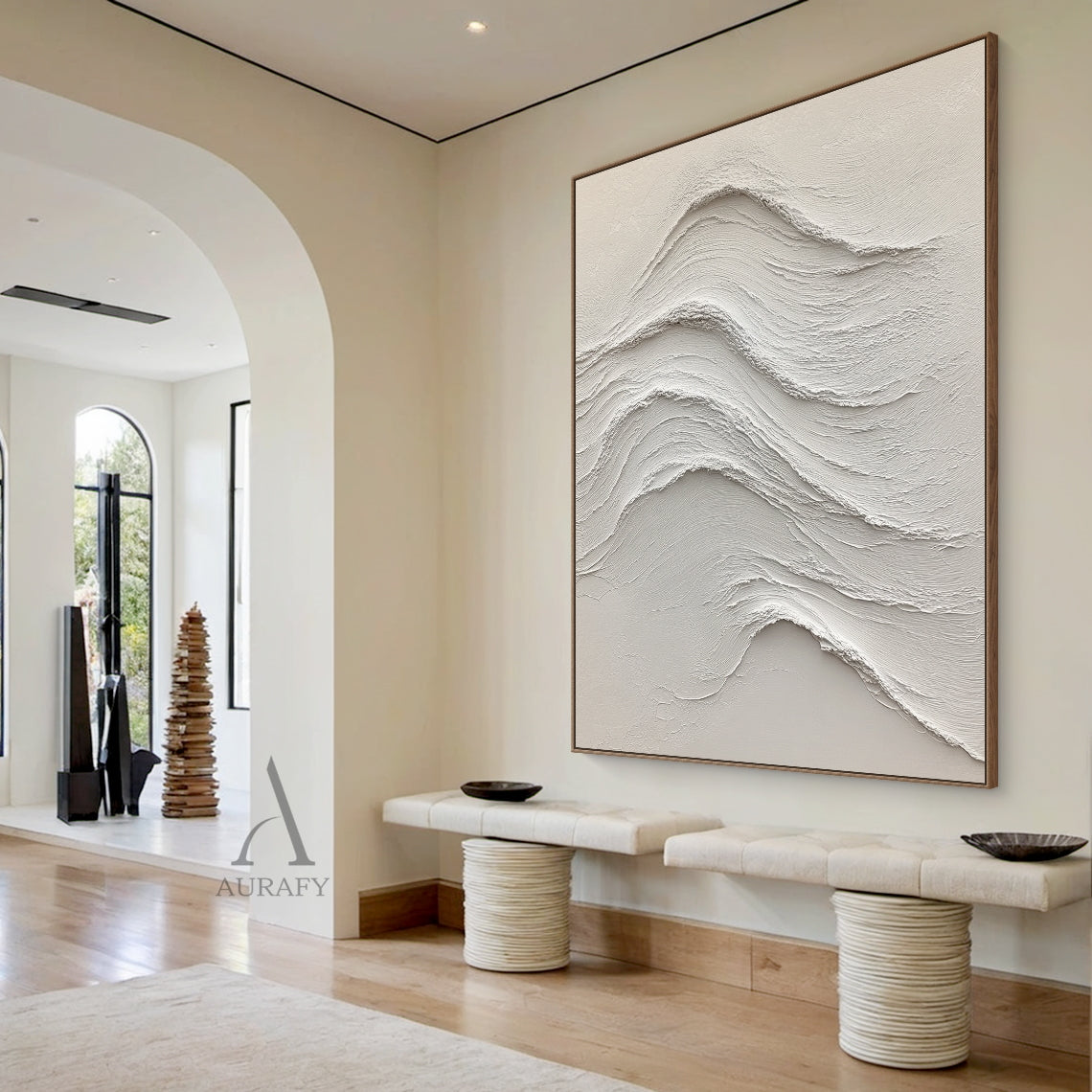 White Abstract Sea Wave Art: High-Relief Sculpted Plaster with Tactile Impasto Layers. Flowing wave lines showcase rough crests and smooth troughs, with monochromatic white palette displaying subtle light and shadow shifts. Perfect for modern study nook, Scandinavian-style hallway, or calm office space decor—tactile wall sculpture fusing organic ocean rhythm with minimalist sophistication.