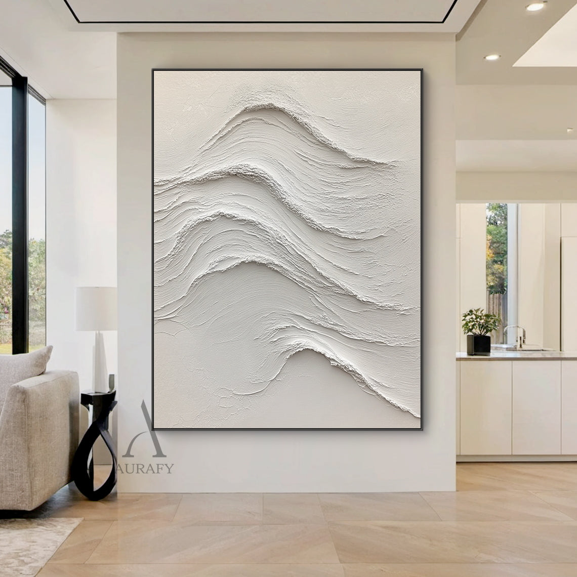 White Abstract Sea Wave Art: High-Relief Sculpted Plaster with Tactile Impasto Layers. Flowing wave lines showcase rough crests and smooth troughs, with monochromatic white palette displaying subtle light and shadow shifts. Perfect for modern study nook, Scandinavian-style hallway, or calm office space decor—tactile wall sculpture fusing organic ocean rhythm with minimalist sophistication.