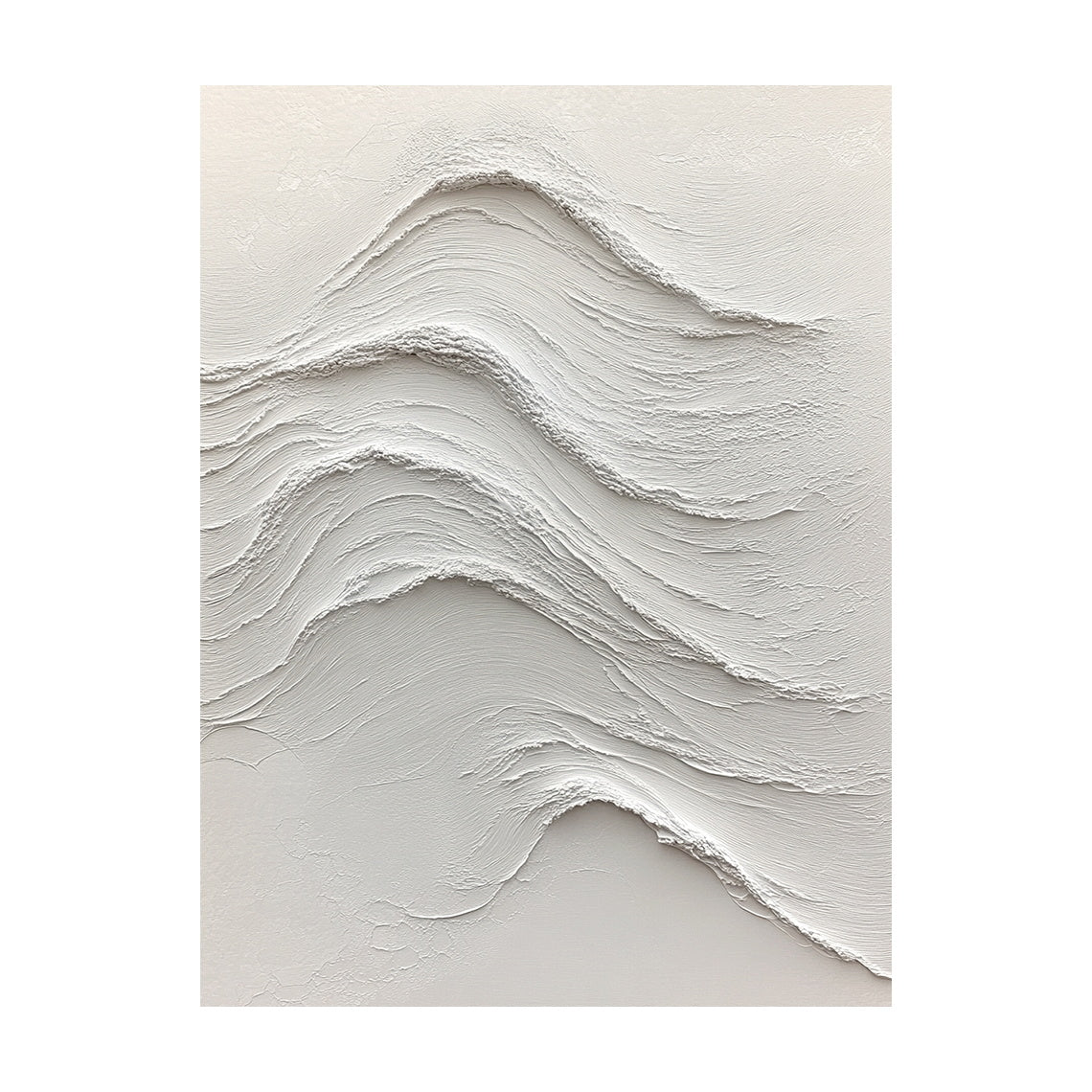 White Abstract Sea Wave Art: High-Relief Sculpted Plaster with Tactile Impasto Layers. Flowing wave lines showcase rough crests and smooth troughs, with monochromatic white palette displaying subtle light and shadow shifts. Perfect for modern study nook, Scandinavian-style hallway, or calm office space decor—tactile wall sculpture fusing organic ocean rhythm with minimalist sophistication.