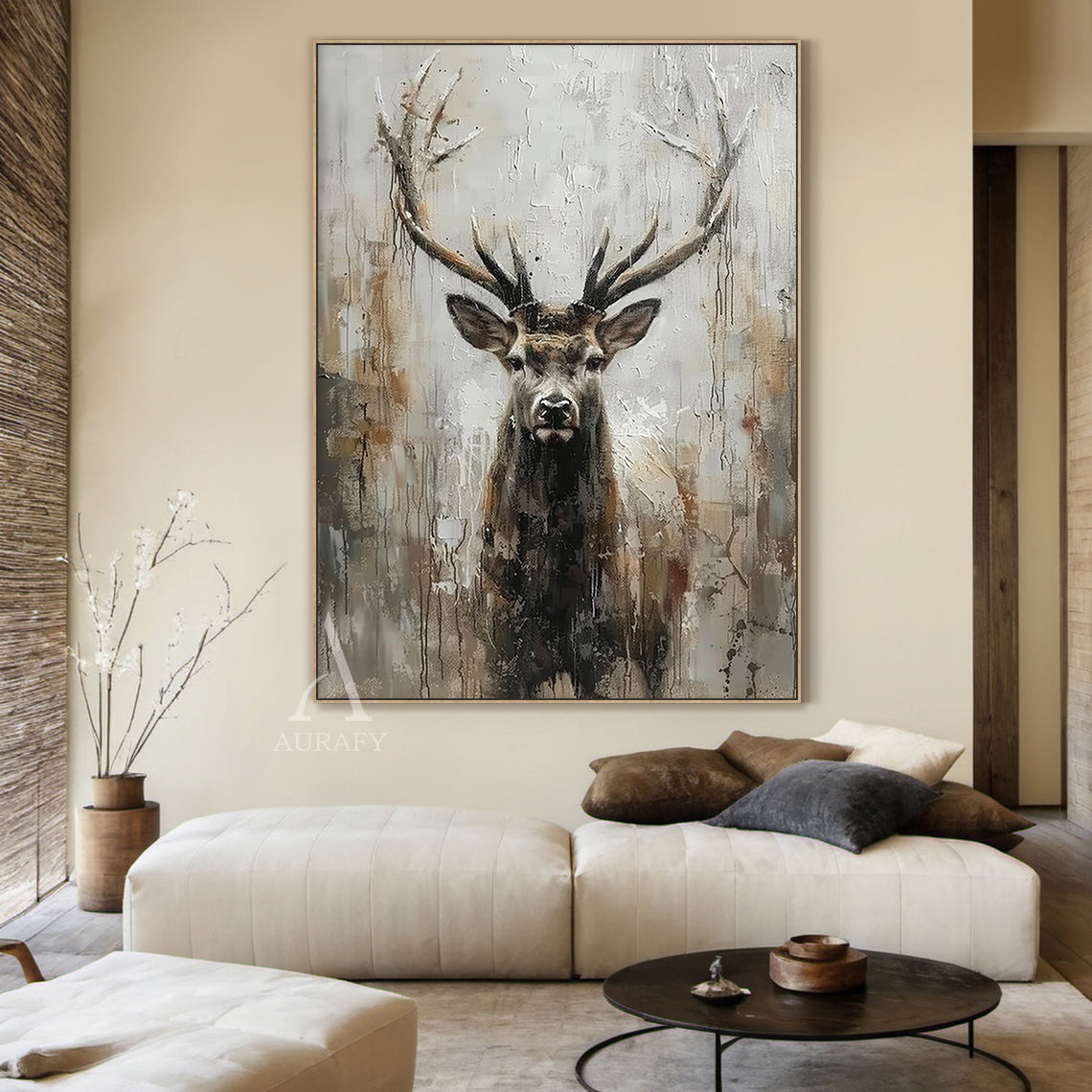 3D Textured Deer Wall Art - Wabi-Sabi Minimalist Painting with Thick Impasto Brushstrokes & Slightly Weathered Natural Texture. Features a gentle deer with antlers in soft brown, warm taupe, deep chestnut hues against a muted gray background. Ideal for Japandi bedroom, modern living room nook, or tranquil home office decor.