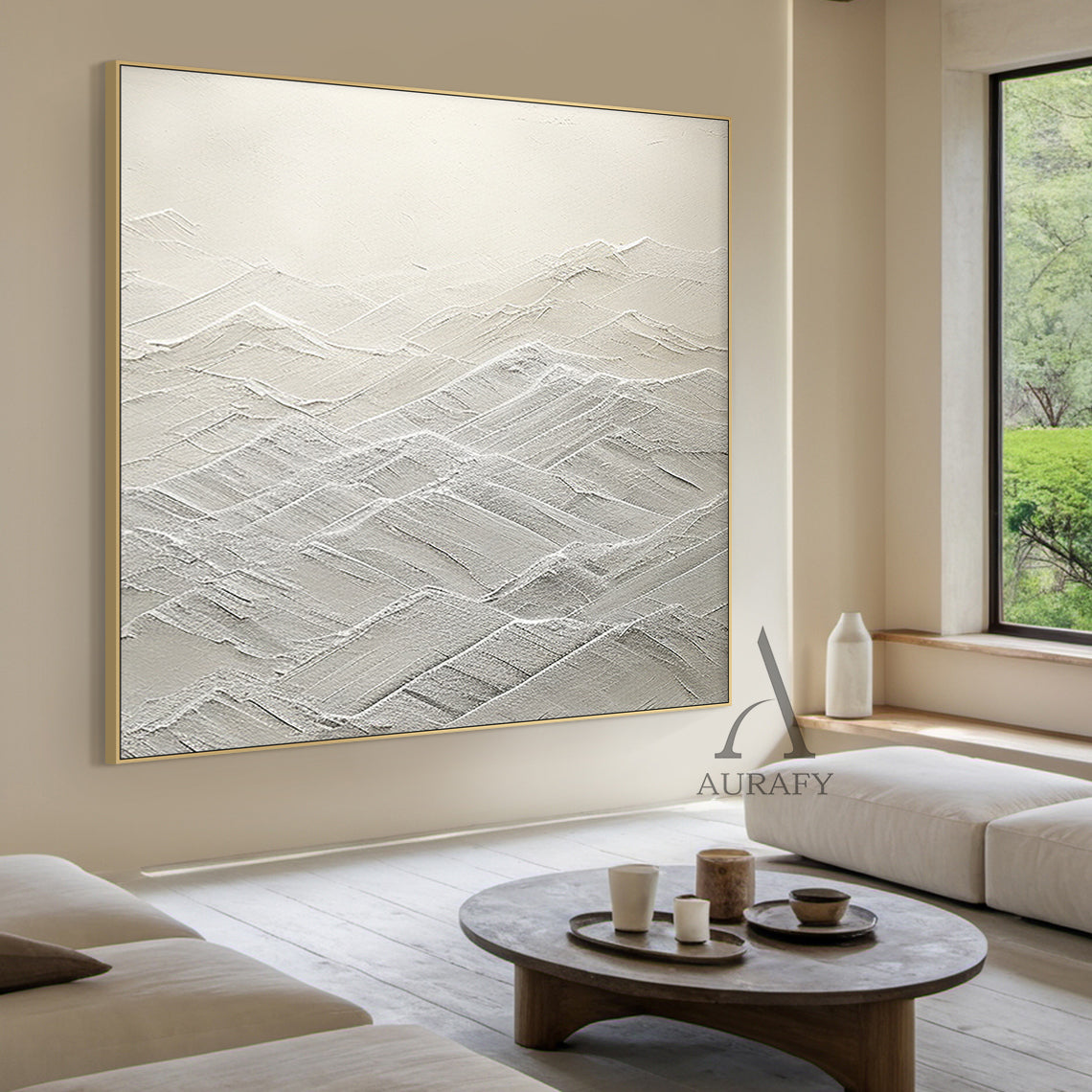 High-relief white abstract canvas art (AURA500) with thick tactile knife strokes and layered texture forming gentle peaks and valleys (evoking rolling mountains or serene waves). Monochromatic palette spanning soft ivory to crisp snow tones, merging modern minimalist style with subtle Wabi-sabi influences. Ideal focal point for Japandi spaces—perfect above a low wooden bed in a tranquil bedroom, next to a potted fiddle-leaf fig in a modern office, or against a warm oatmeal-colored wall in a cozy living room