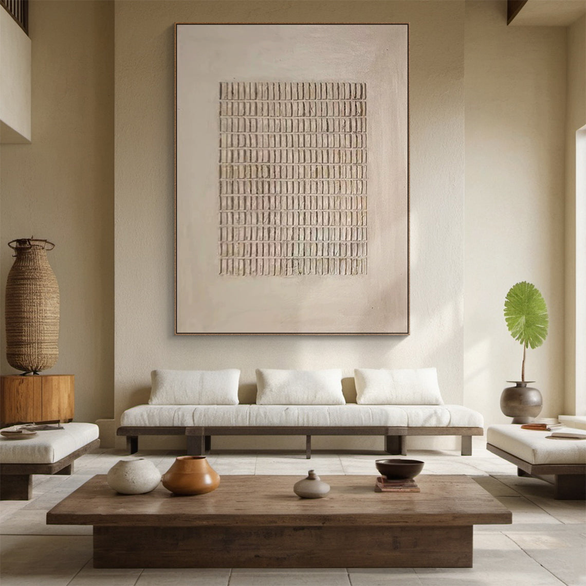 Minimalist Grid Texture Wall Art – Warm Beige – AURA012