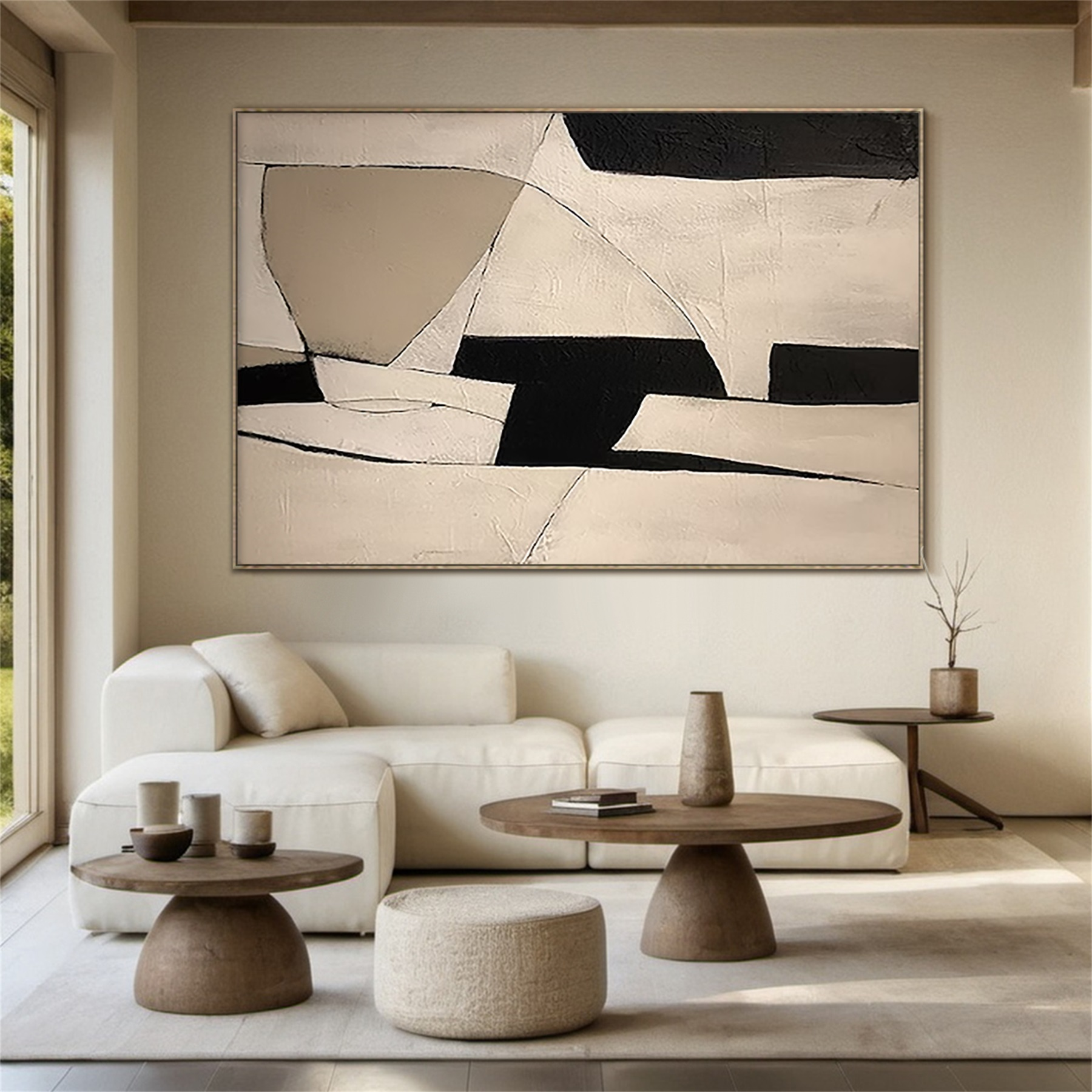 Quiet Geometry Minimalist Geometric Abstract Oil Painting  Cream, Taupe & Black Interplay -AYRA019
