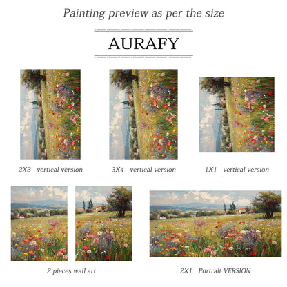 Textured Impressionist Green Yellow Wildflower Landscape Knife Painted Canvas Wall Art For Modern Organic Decor AURA714