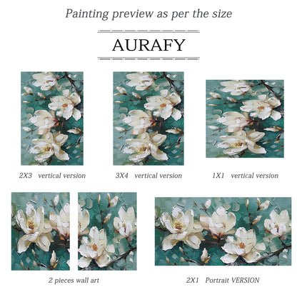 Textured Magnolia Oil Painting Green White Palette Knife Modern Organic Japandi Floral Wall Decor AURA717