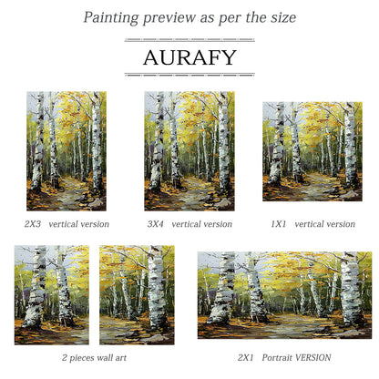 Textured Green Brown Landscape Birch Forest Knife Strokes Oil Painting Tactile Canvas Wabi-Sabi Wall Art AURA744