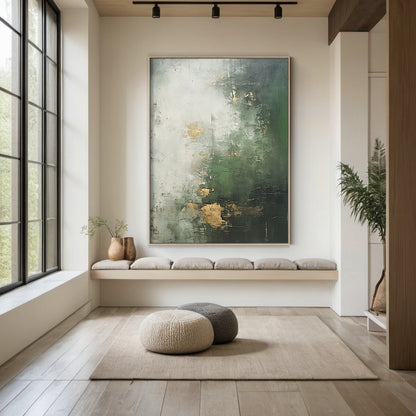 Verdant Haze Canvas — Forest Green & Mist Gold Textured Wall Art – AURA078